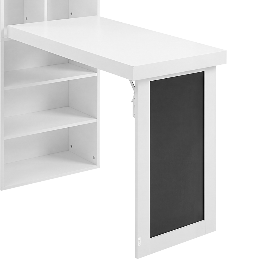 Aero white fold-out desk showing open desk and lower shelving detail