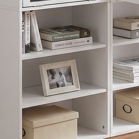 Aero white fold-out desk showing shelf storage detail