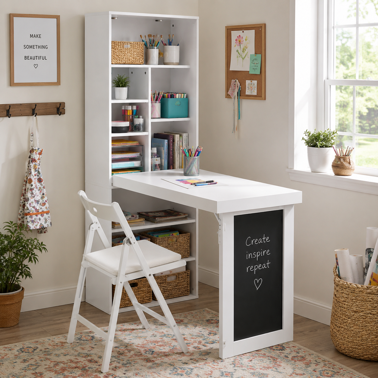 Aero white fold-out desk showing an open workspace with a laptop and chair beside a bright window