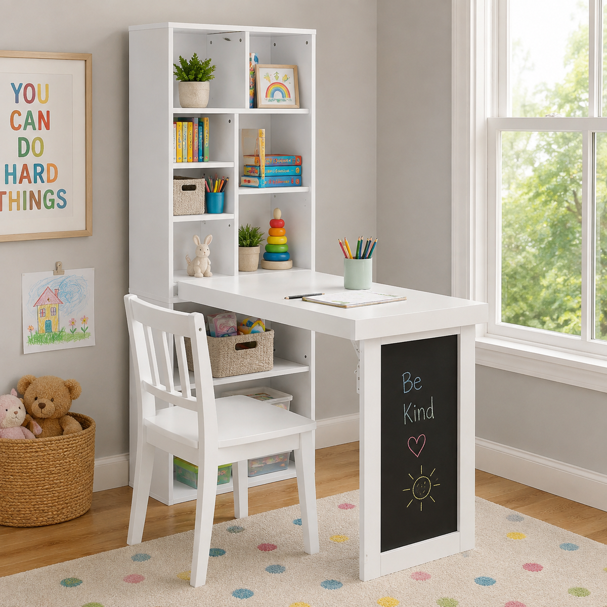 Aero white fold-out desk showing an open workspace with tall shelving in a colorful study room