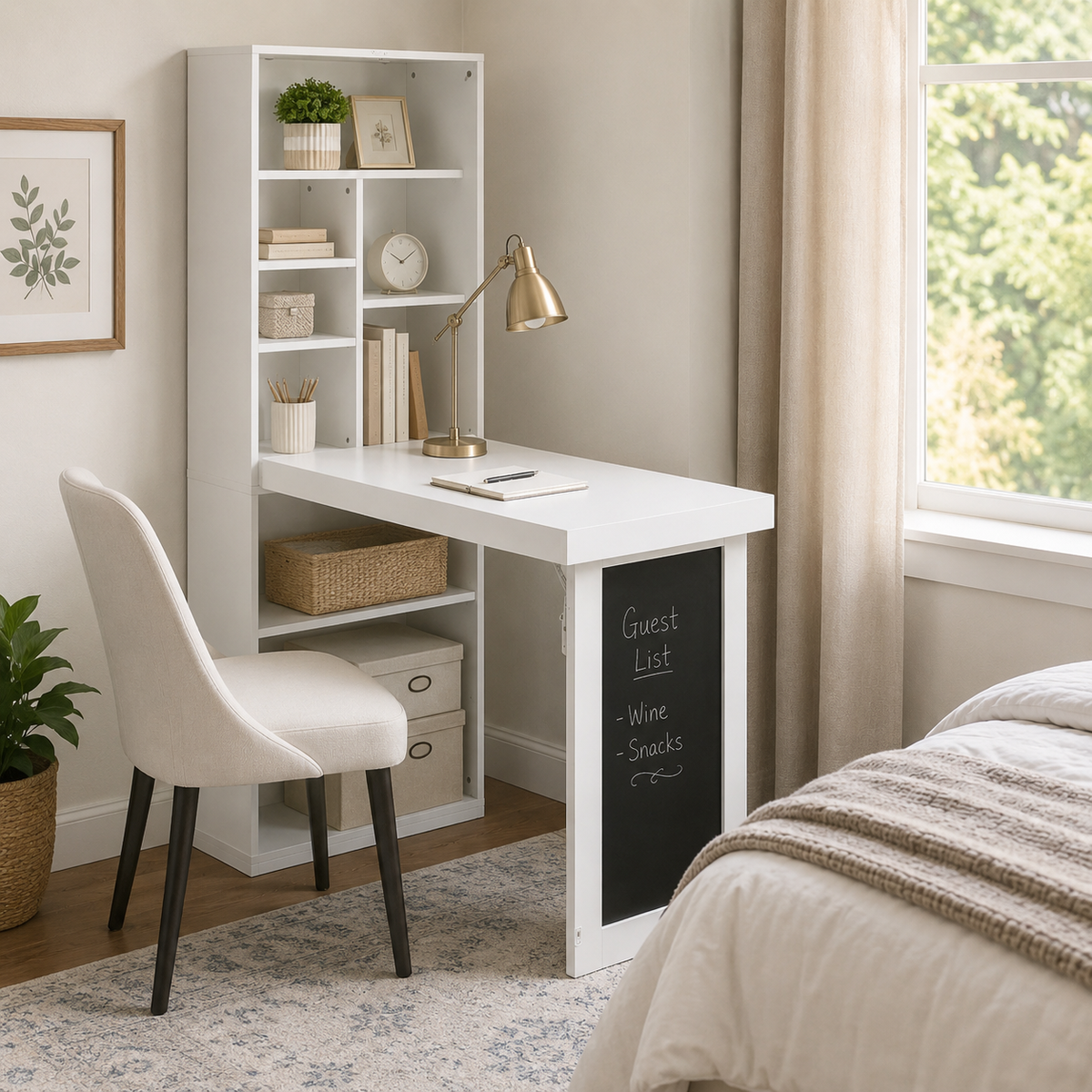 Aero white fold-out desk showing an open workspace beside a window with books and playful decor