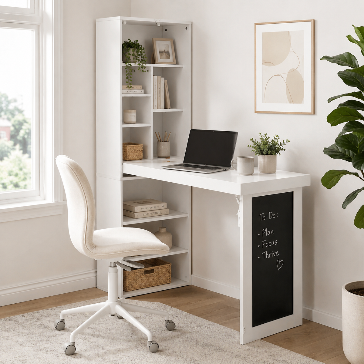 Aero white fold-out desk showing a compact workspace with shelving in a bright neutral bedroom
