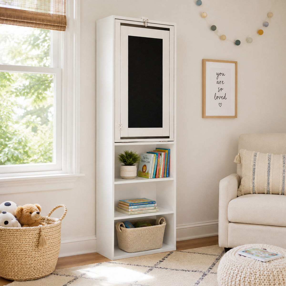 Aero white fold-out desk showing the folded chalkboard panel and open shelves in a children’s room