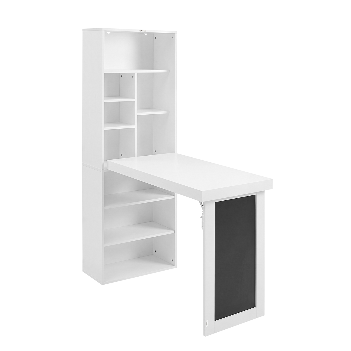 Aero white fold-out desk showing the open desktop and storage shelves from a front angled view