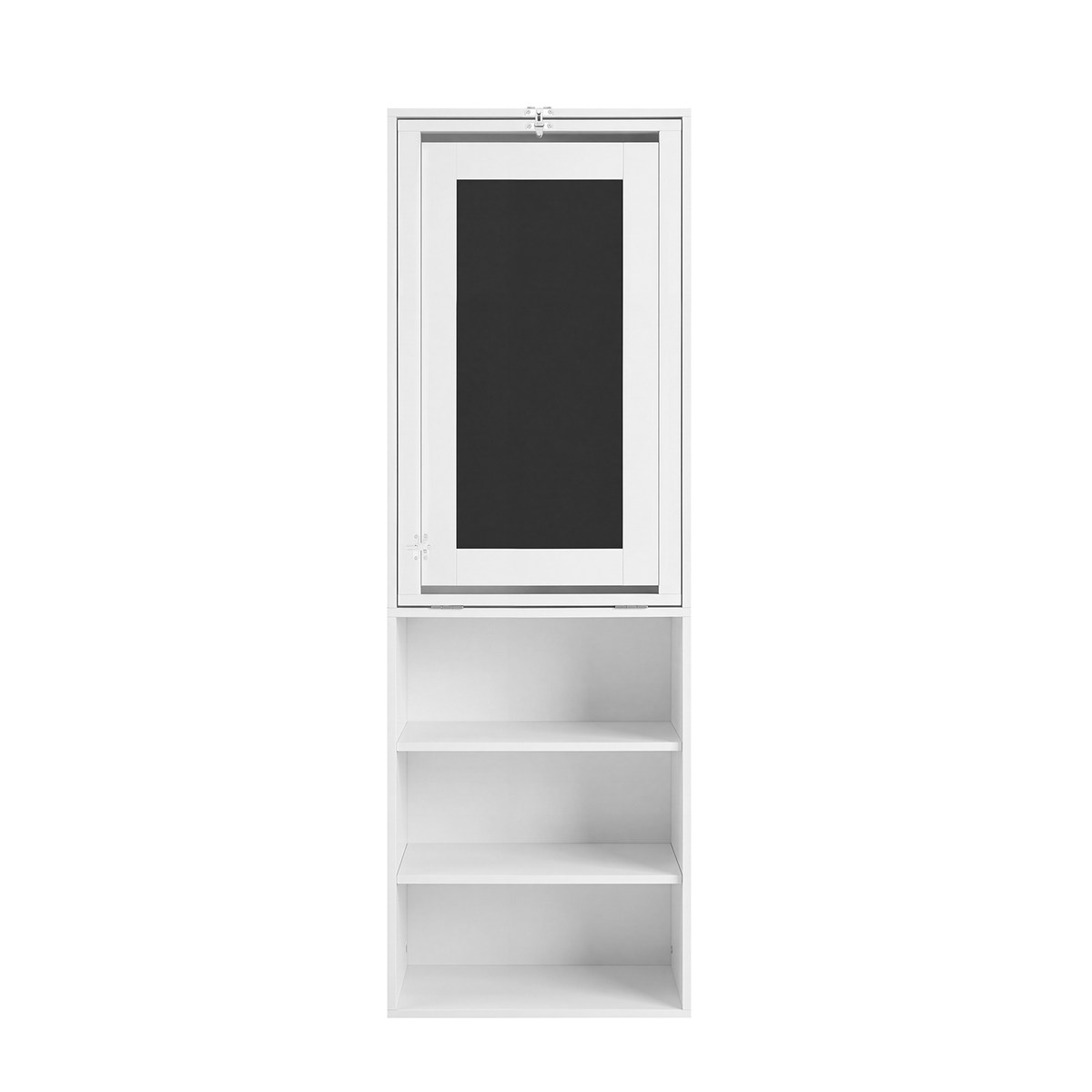 Aero white fold-out desk showing the folded front view with chalkboard panel and lower shelves
