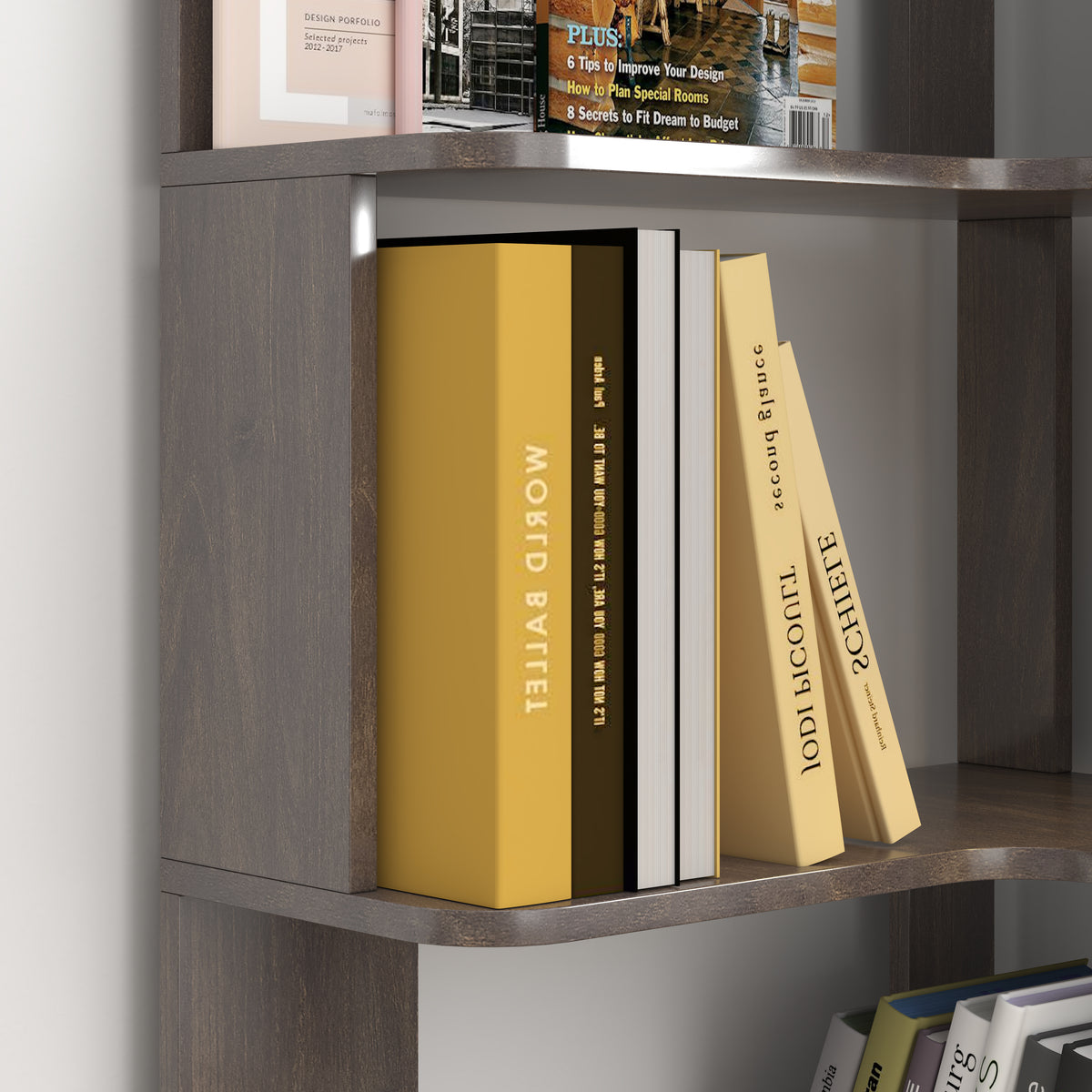 Agora dark brown corner bookshelf showing shelf edge detail