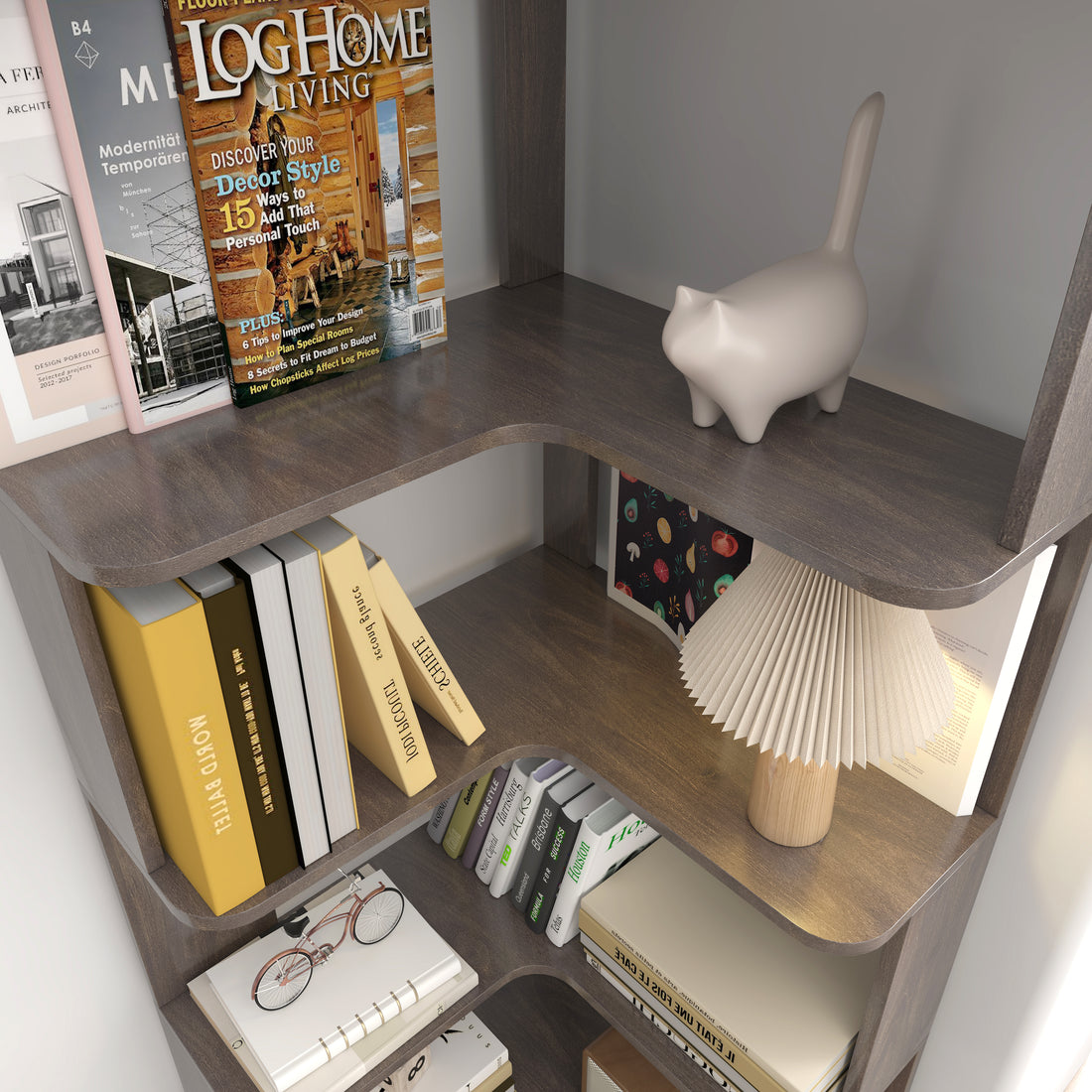 Agora dark brown corner bookshelf showing L-shaped corner shelf and open storage detail