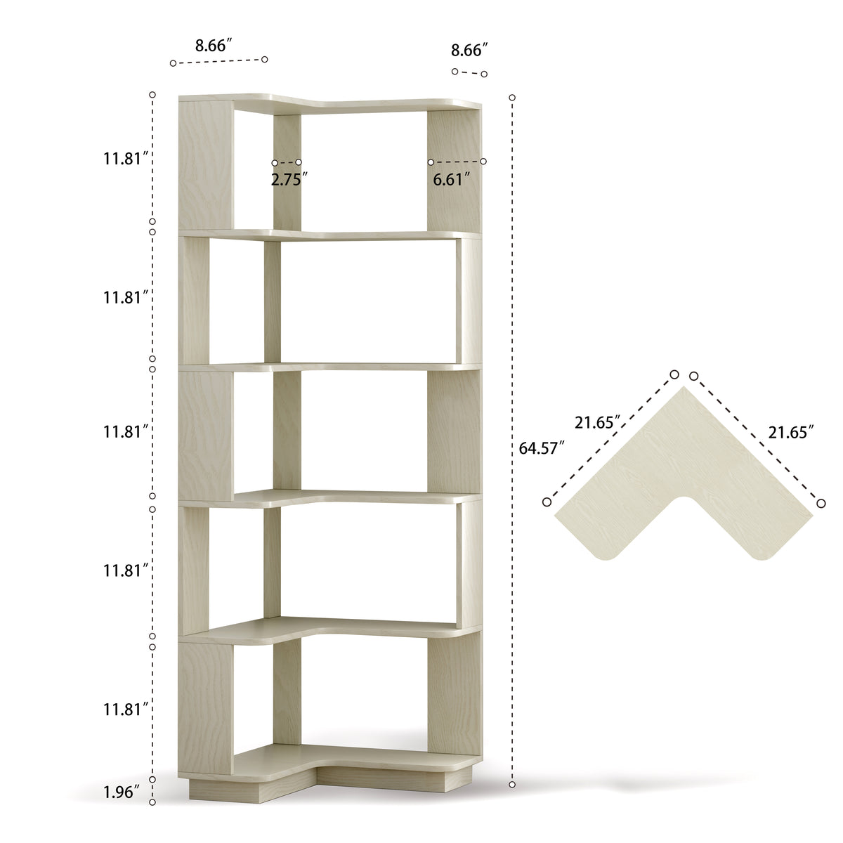 Agora dark brown corner bookshelf showing product dimensions