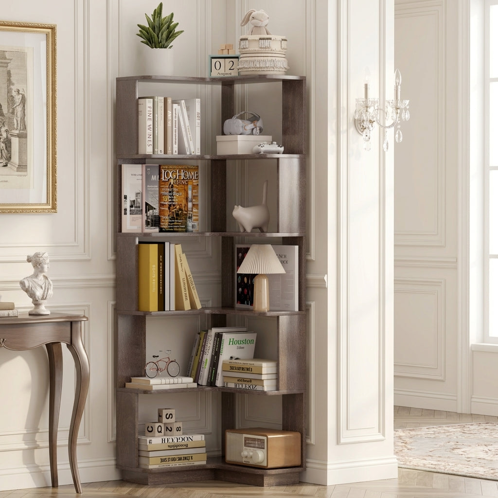 Agora dark brown corner bookshelf showing books and decor displayed in a bright room corner