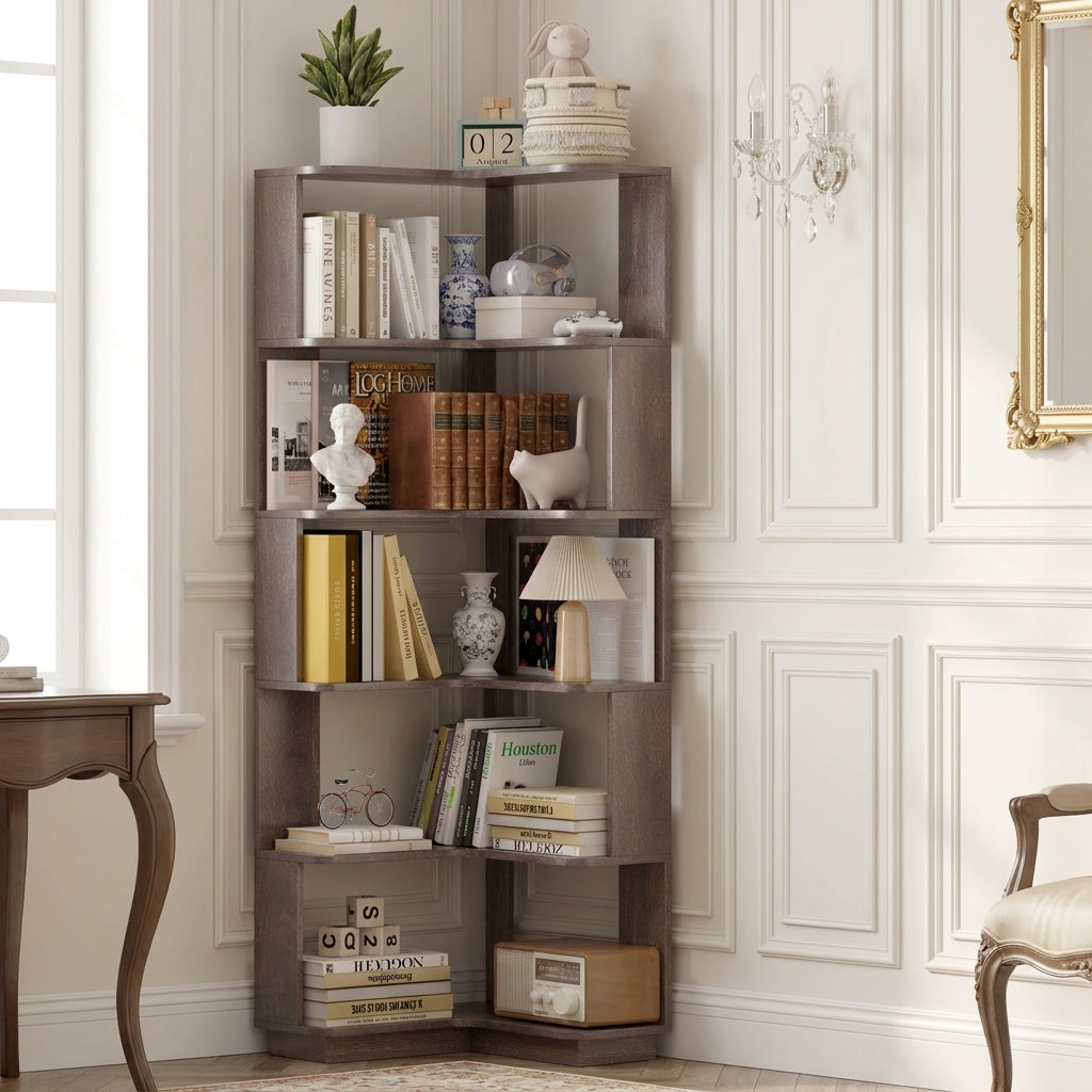 Agora dark brown corner bookshelf showing six open tiers beside a chair and wall decor