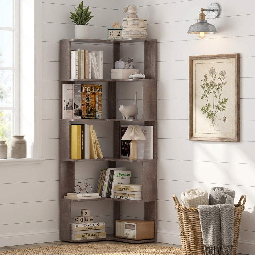 Agora dark brown corner bookshelf showing illuminated shelves with books and decorative items