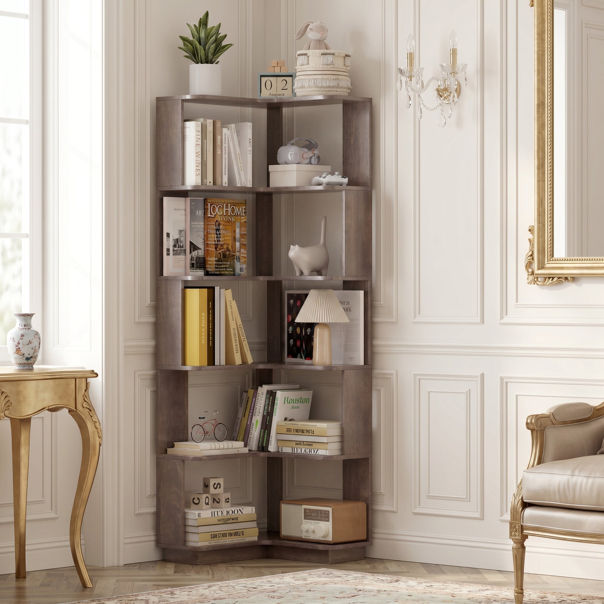 Agora dark brown corner bookshelf showing illuminated shelves with books and decorative items