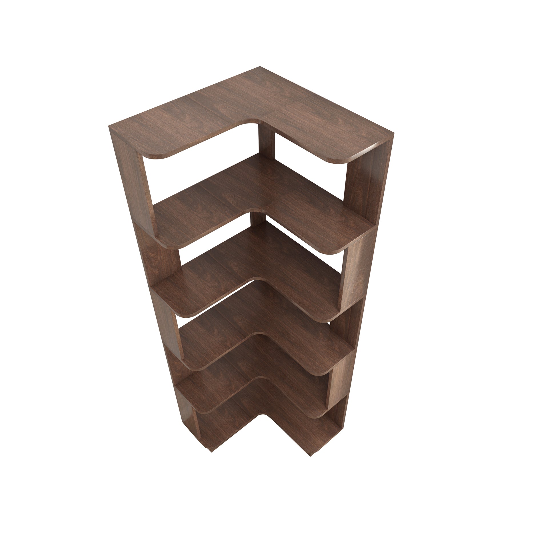 Agora dark brown corner bookshelf showing the L-shaped tier arrangement on white background