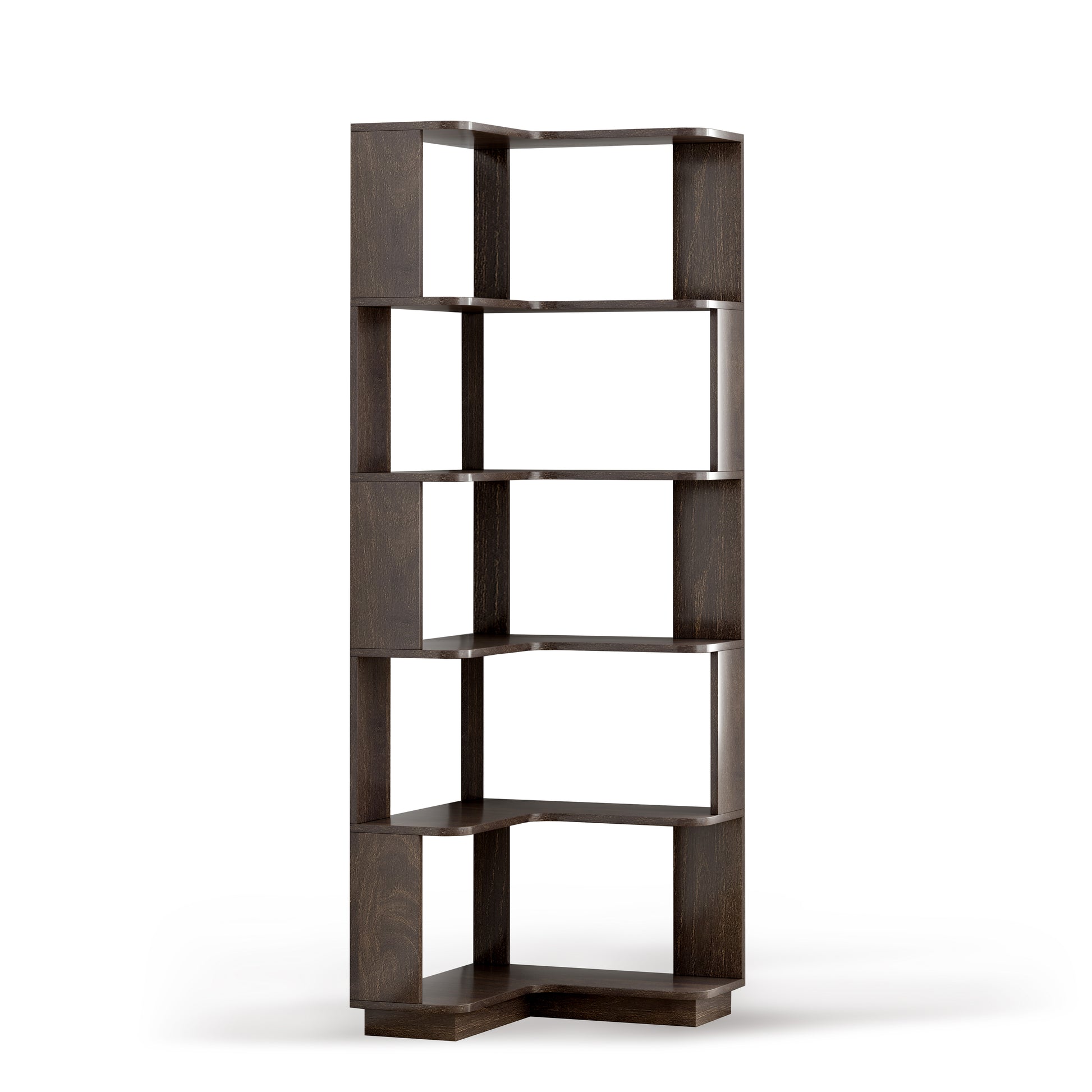 Agora dark brown corner bookshelf showing the L-shaped tier arrangement on white background