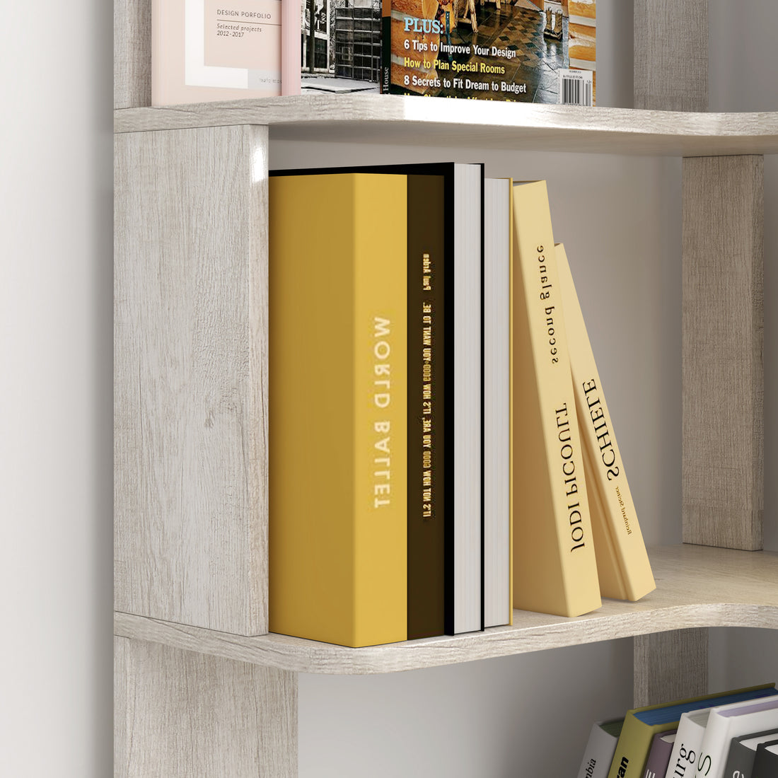 Agora gray corner bookshelf showing open shelf storage and wood grain finish detail