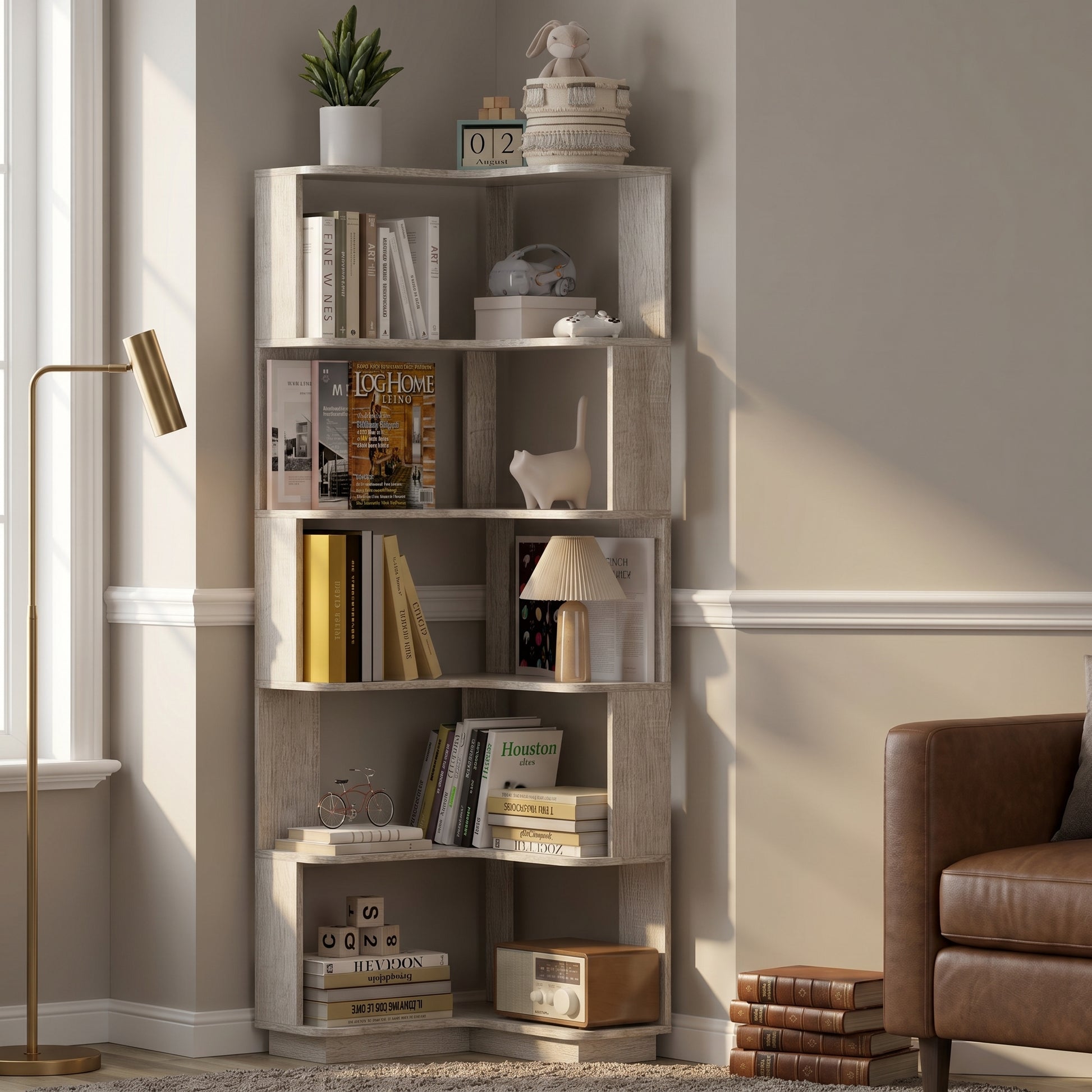 Agora gray corner bookshelf showing an L-shaped display fitted beside an accent chair