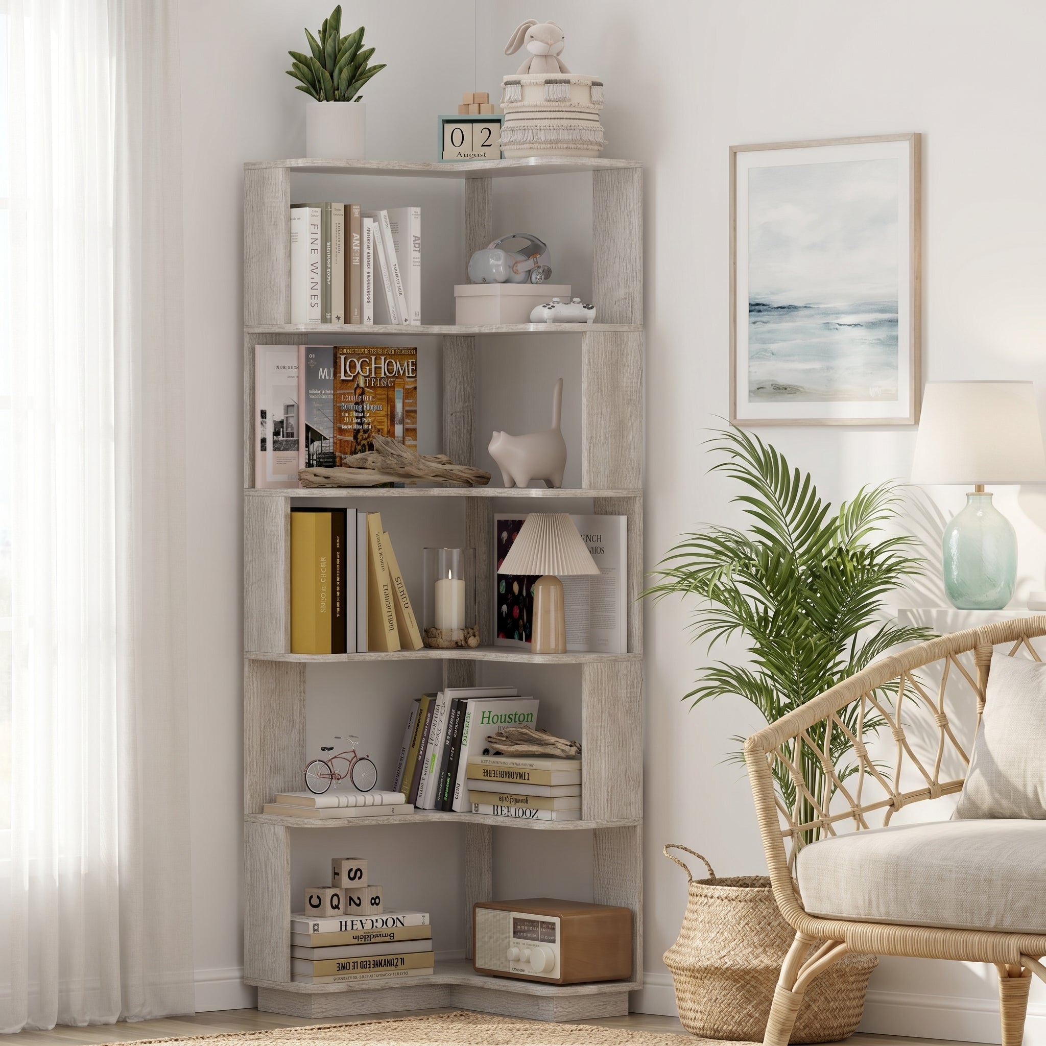 Agora gray corner bookshelf showing books and plants arranged in a cozy reading corner