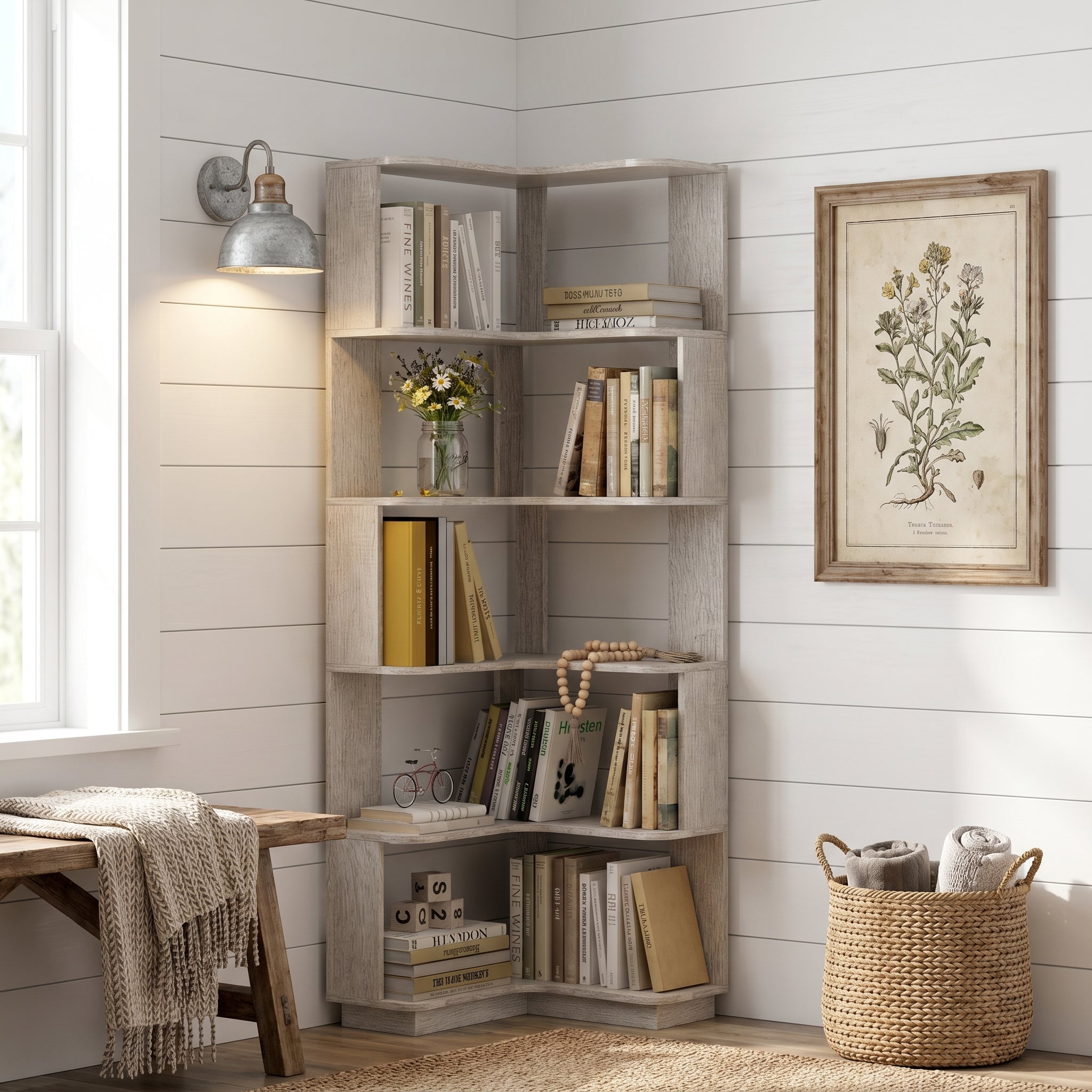 Agora gray corner bookshelf showing books and plants arranged in a cozy reading corner