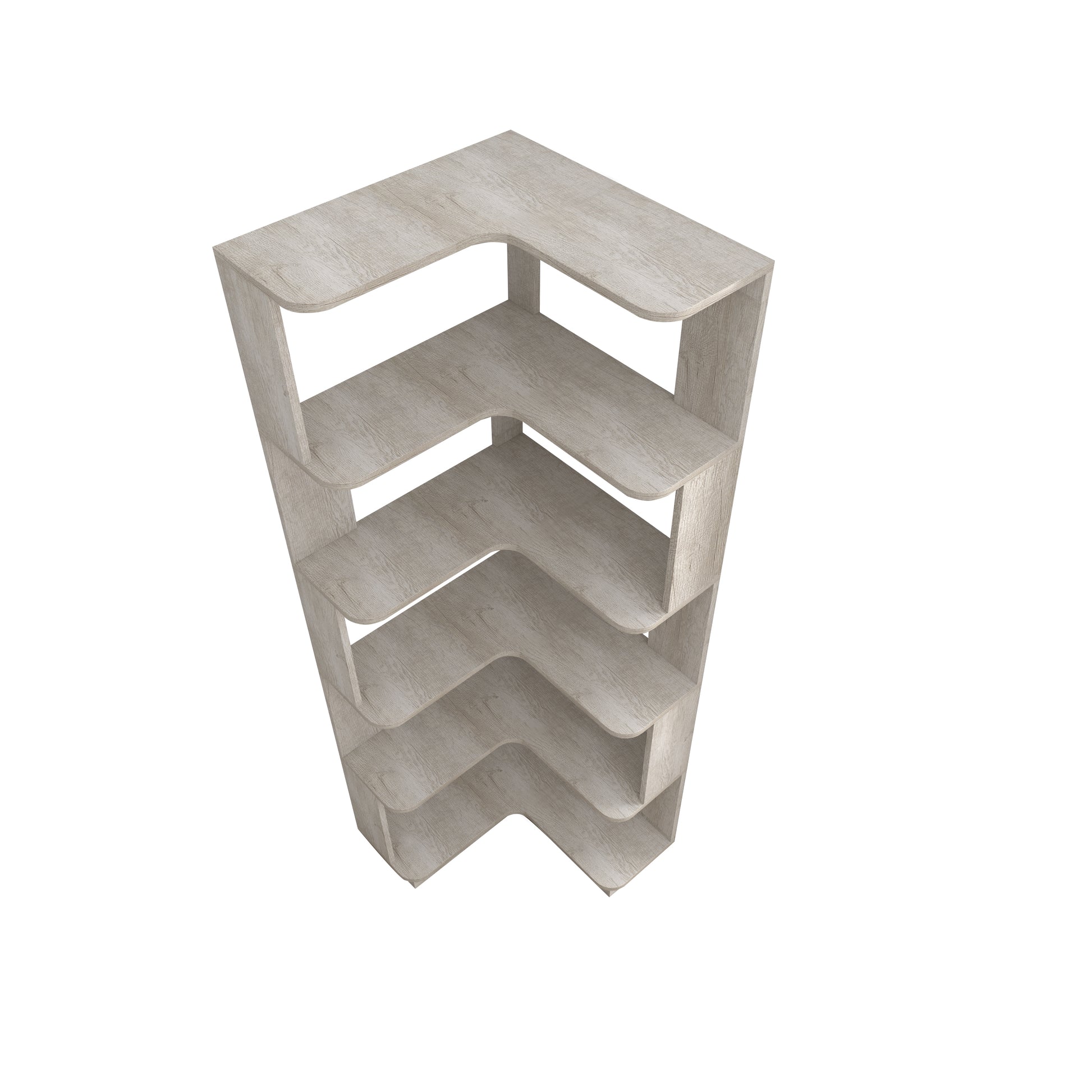Agora gray corner bookshelf showing the L-shaped six-tier layout on white background