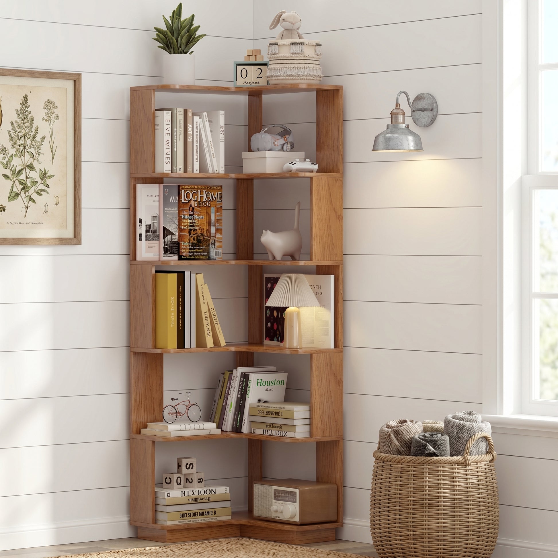 Agora oak corner bookshelf showing books and plants displayed in a bright room