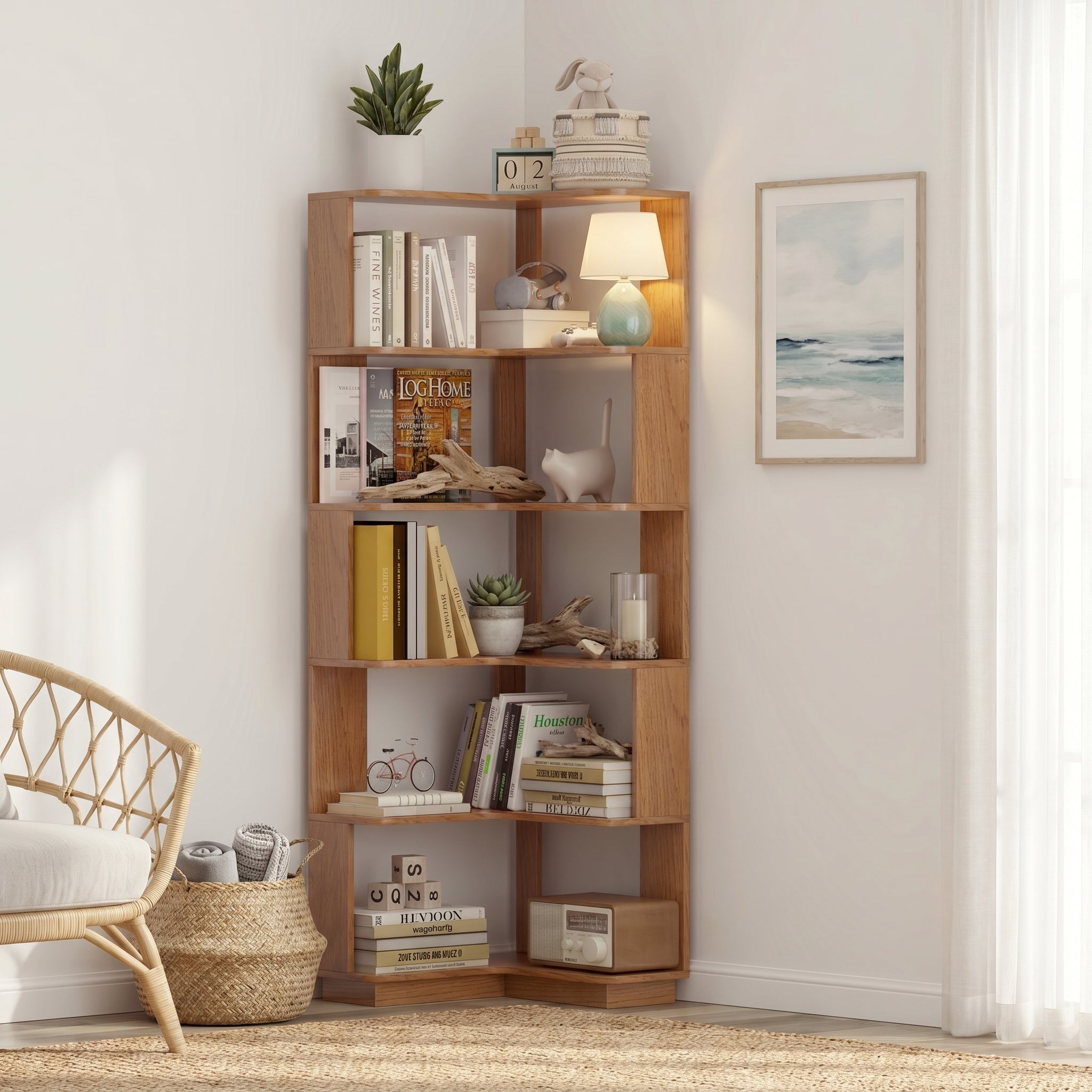 Agora oak corner bookshelf showing six open tiers beside framed wall art
