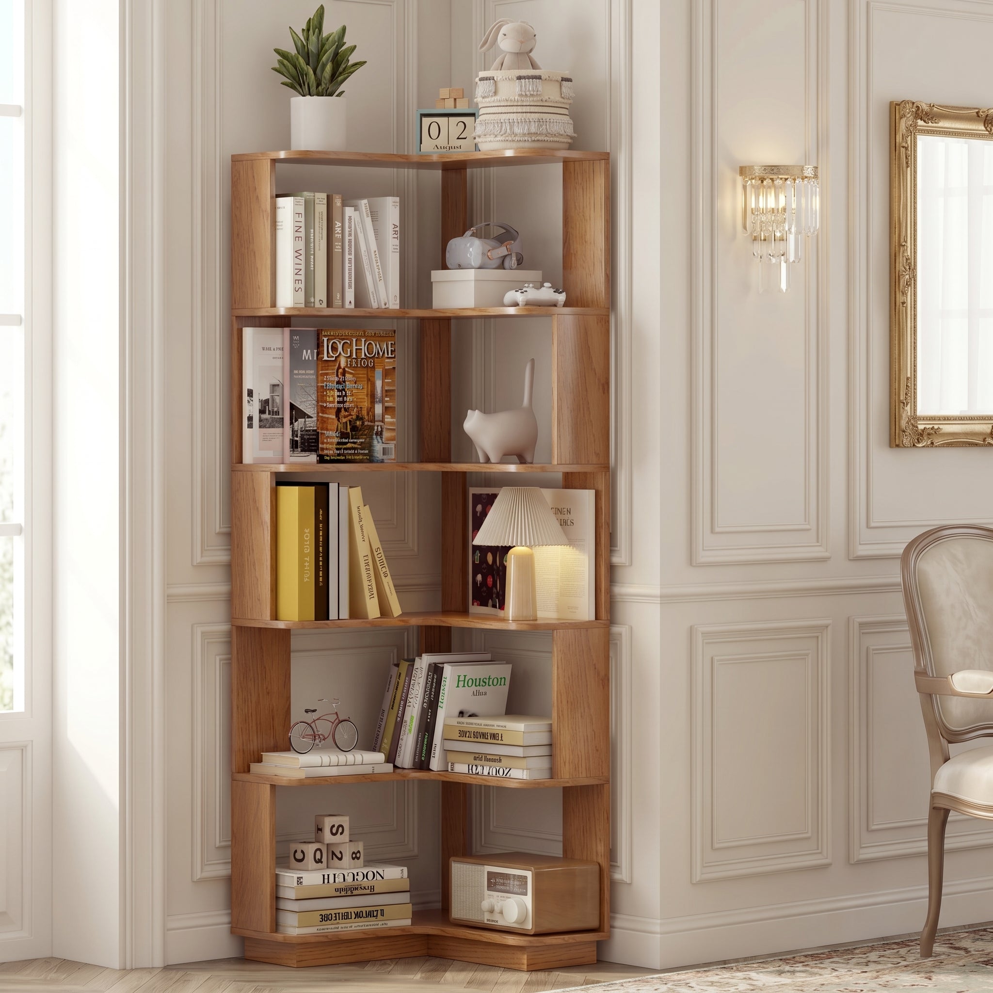 Agora oak corner bookshelf showing books and plants displayed in a bright room