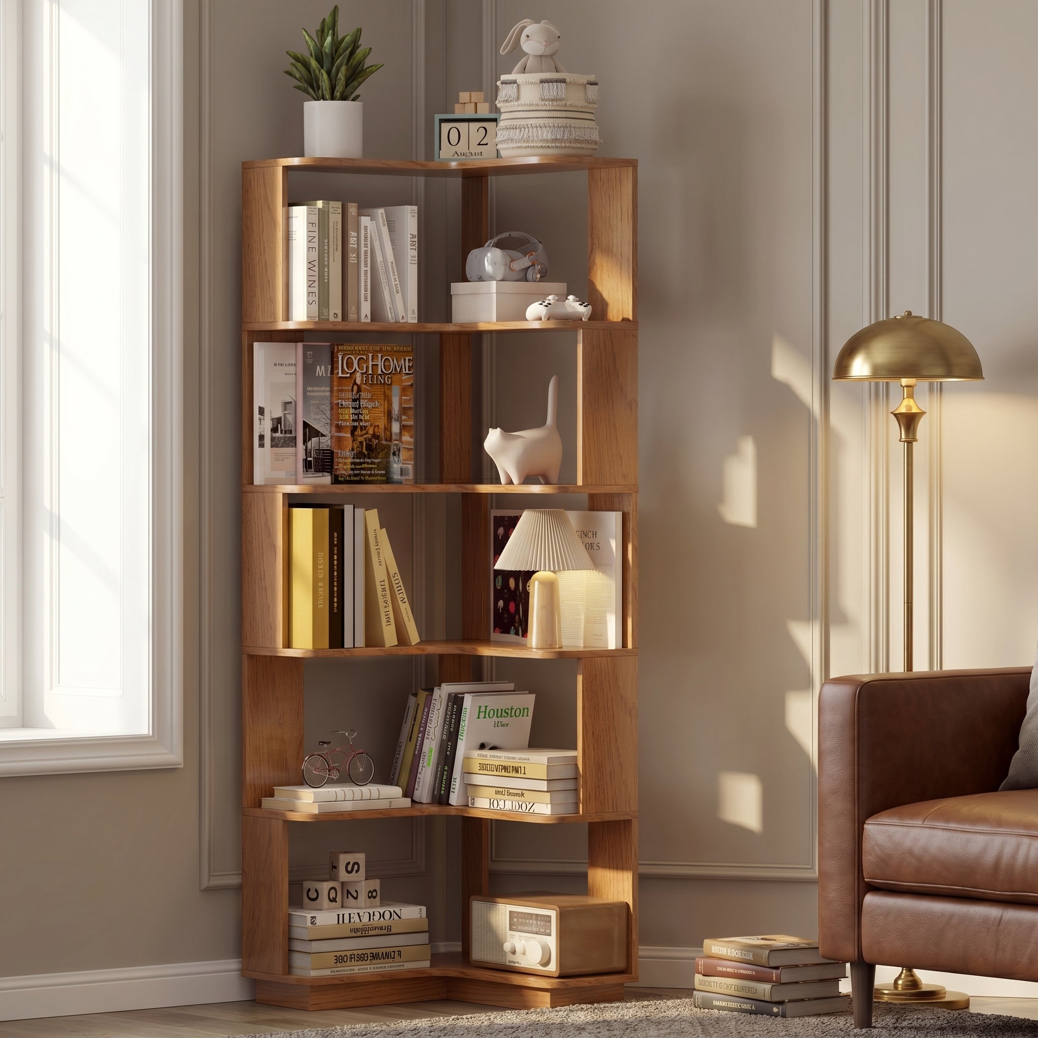 Agora oak corner bookshelf showing books and plants displayed in a bright room