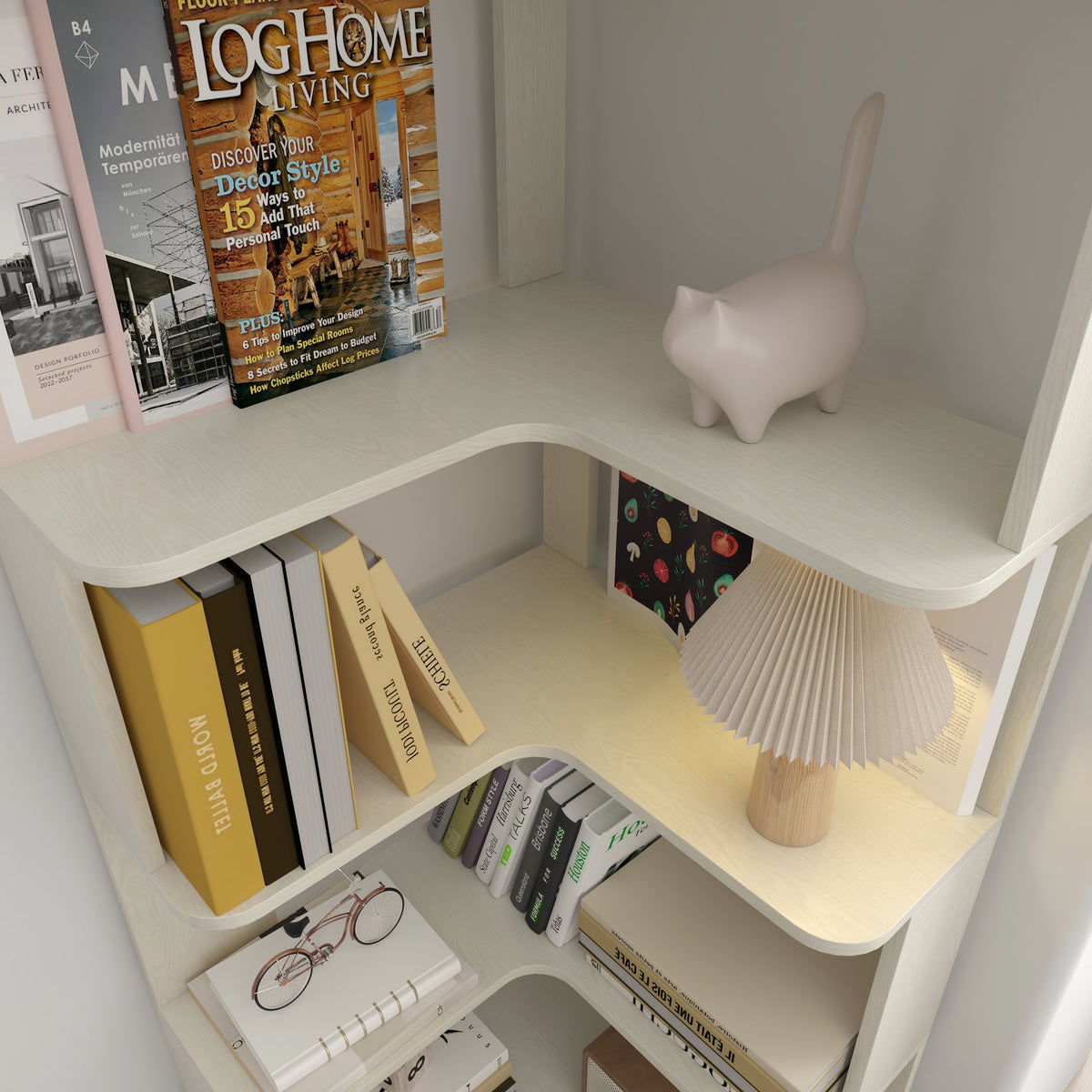Agora white corner bookshelf showing shelf frame detail