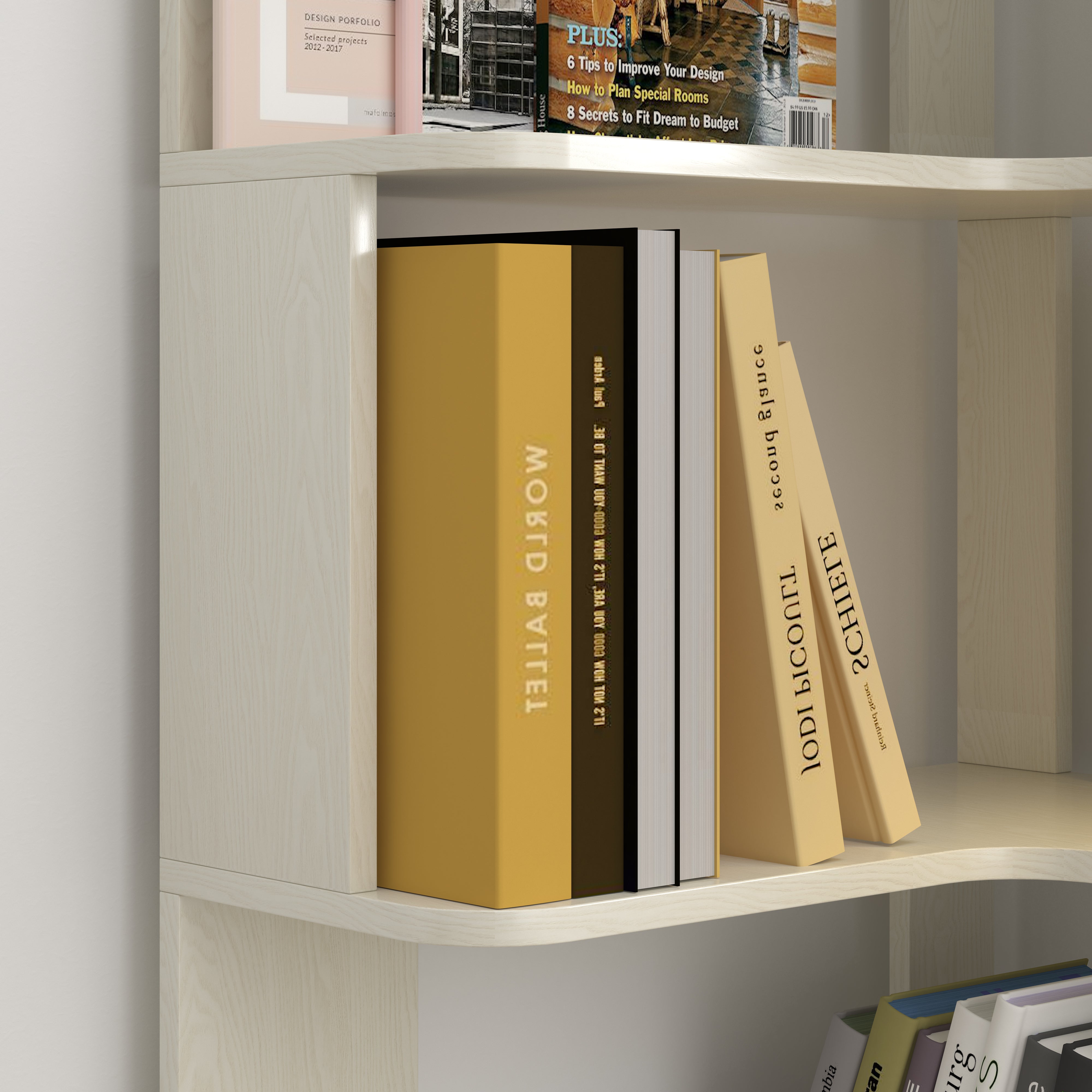 Agora white corner bookshelf showing shelf frame detail
