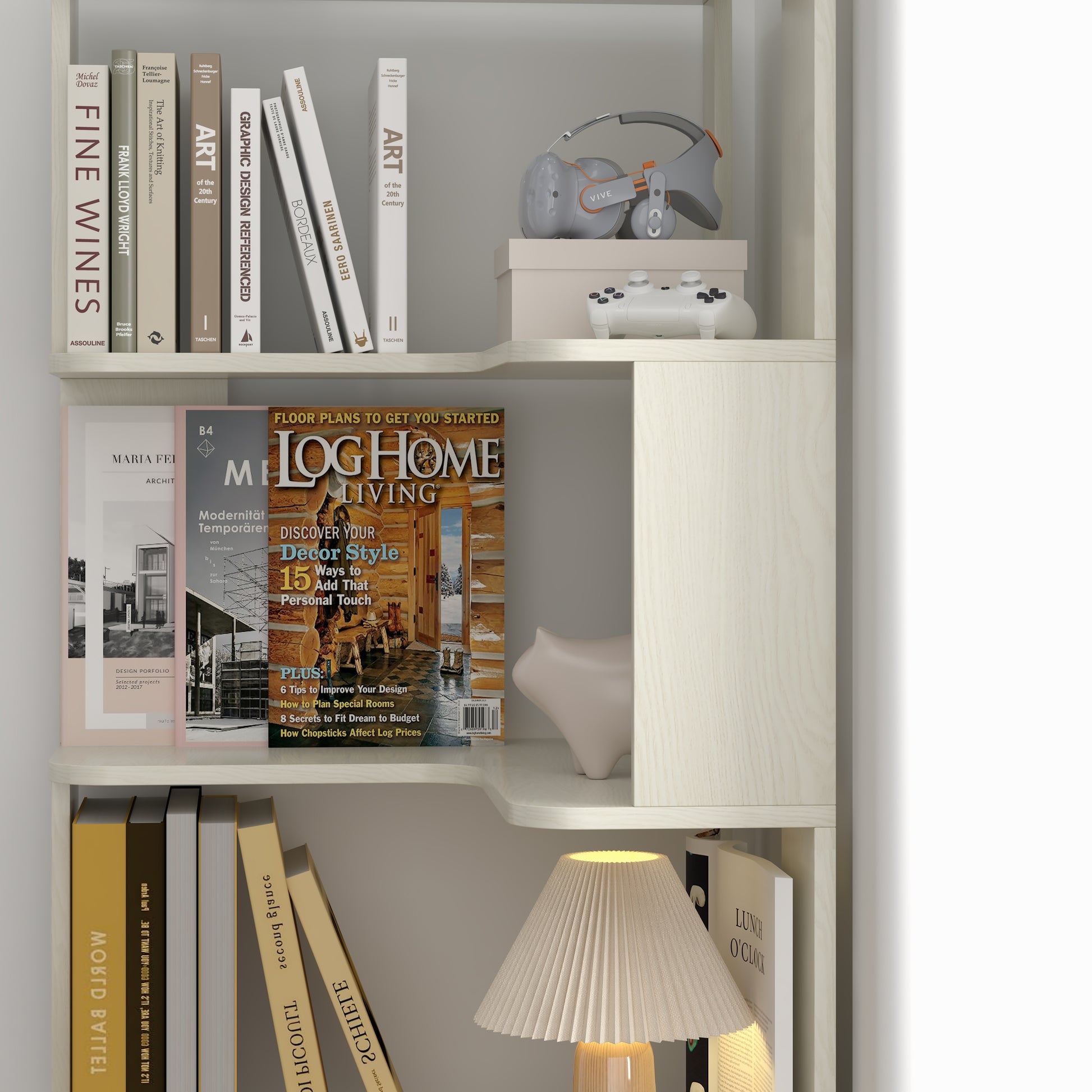 Agora white corner bookshelf showing shelf frame detail