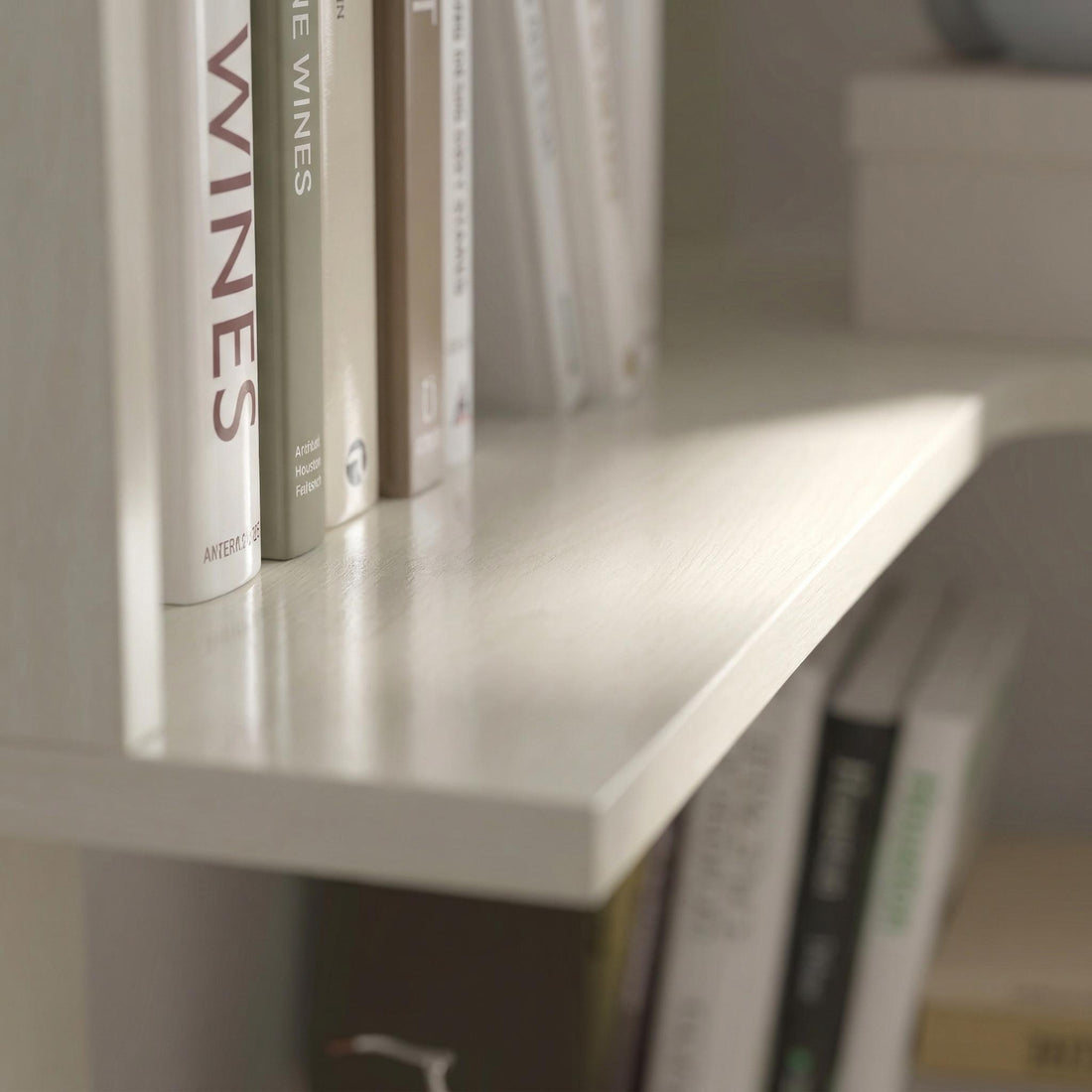 Agora white corner bookshelf showing shelf surface finish detail