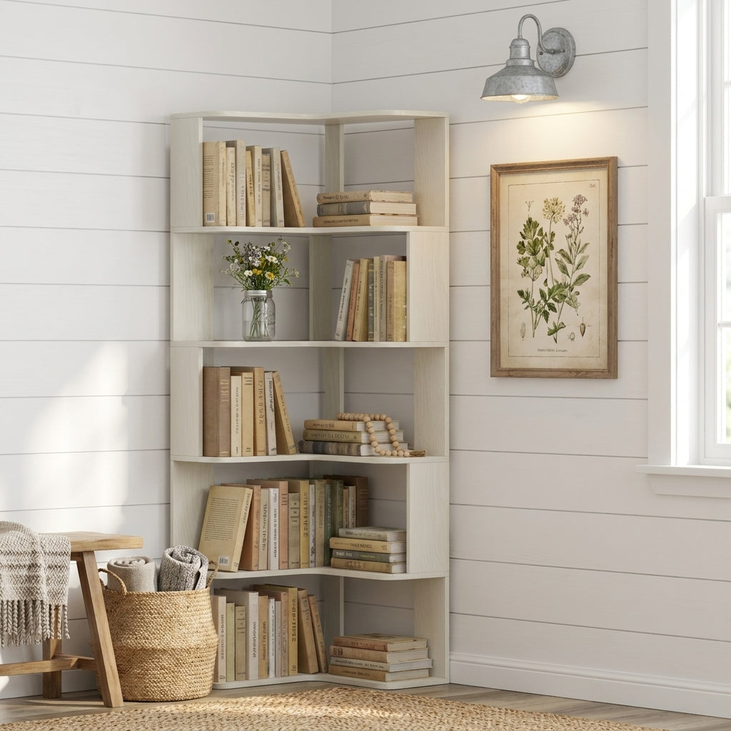 Agora white corner bookshelf showing six open tiers with books and decor in a bright room