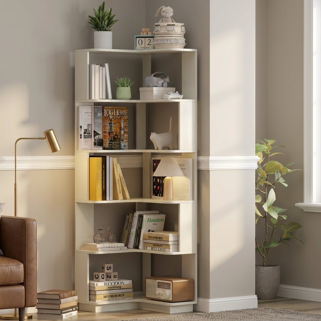 Agora white corner bookshelf showing an L-shaped shelf fitted into a modern room corner