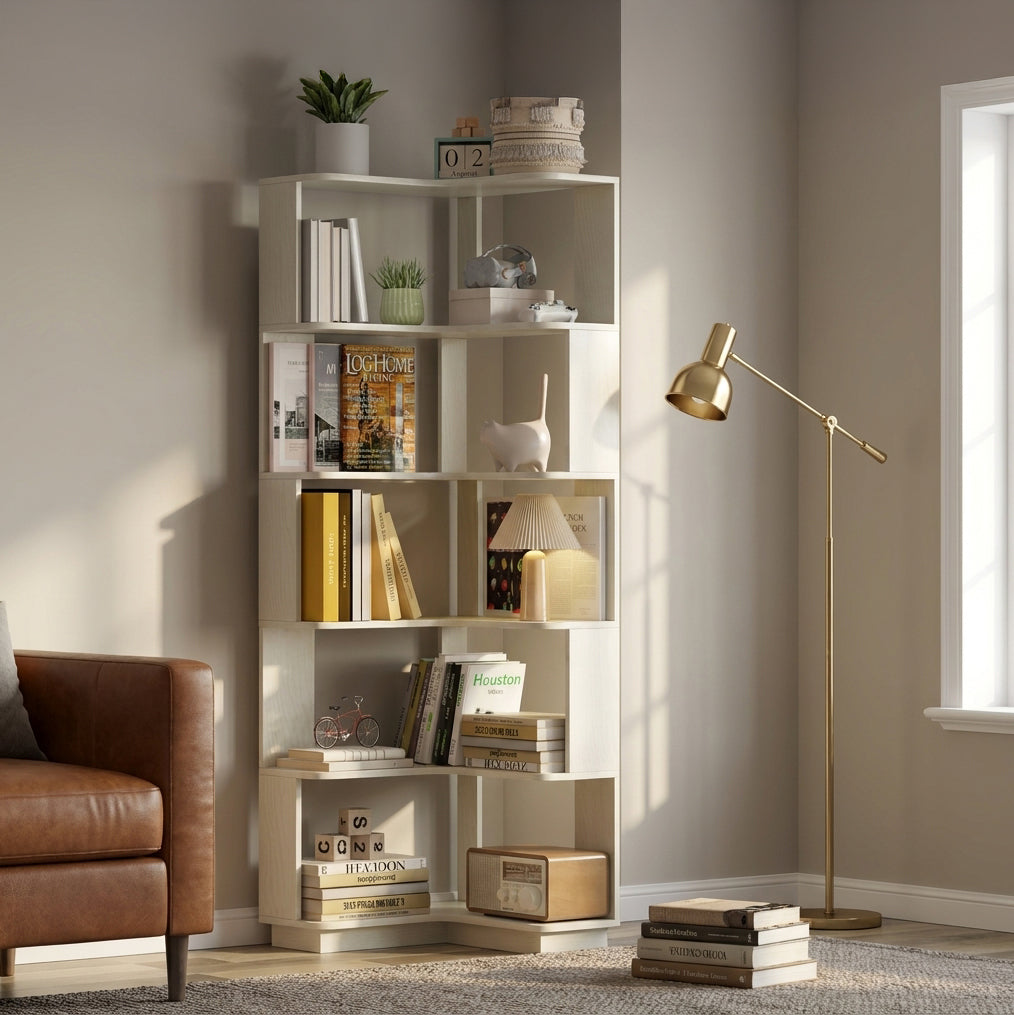 Agora white corner bookshelf showing an L-shaped shelf fitted into a modern room corner