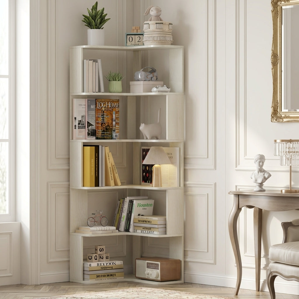 Agora white corner bookshelf showing six open tiers with books and decor in a bright room