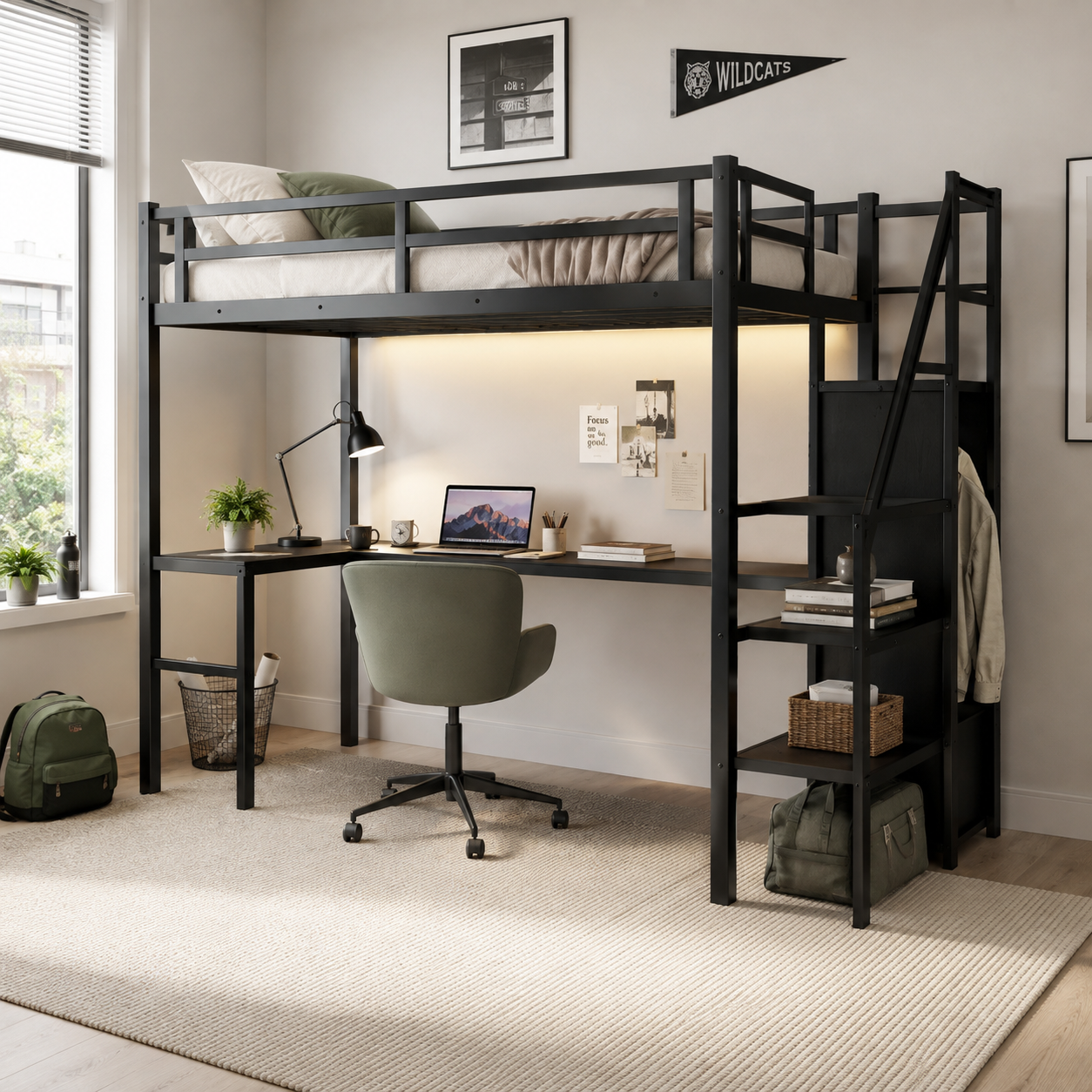 Ailinor black loft bed showing a twin xl loft bed with L-shaped desk and storage stairs in a bedroom