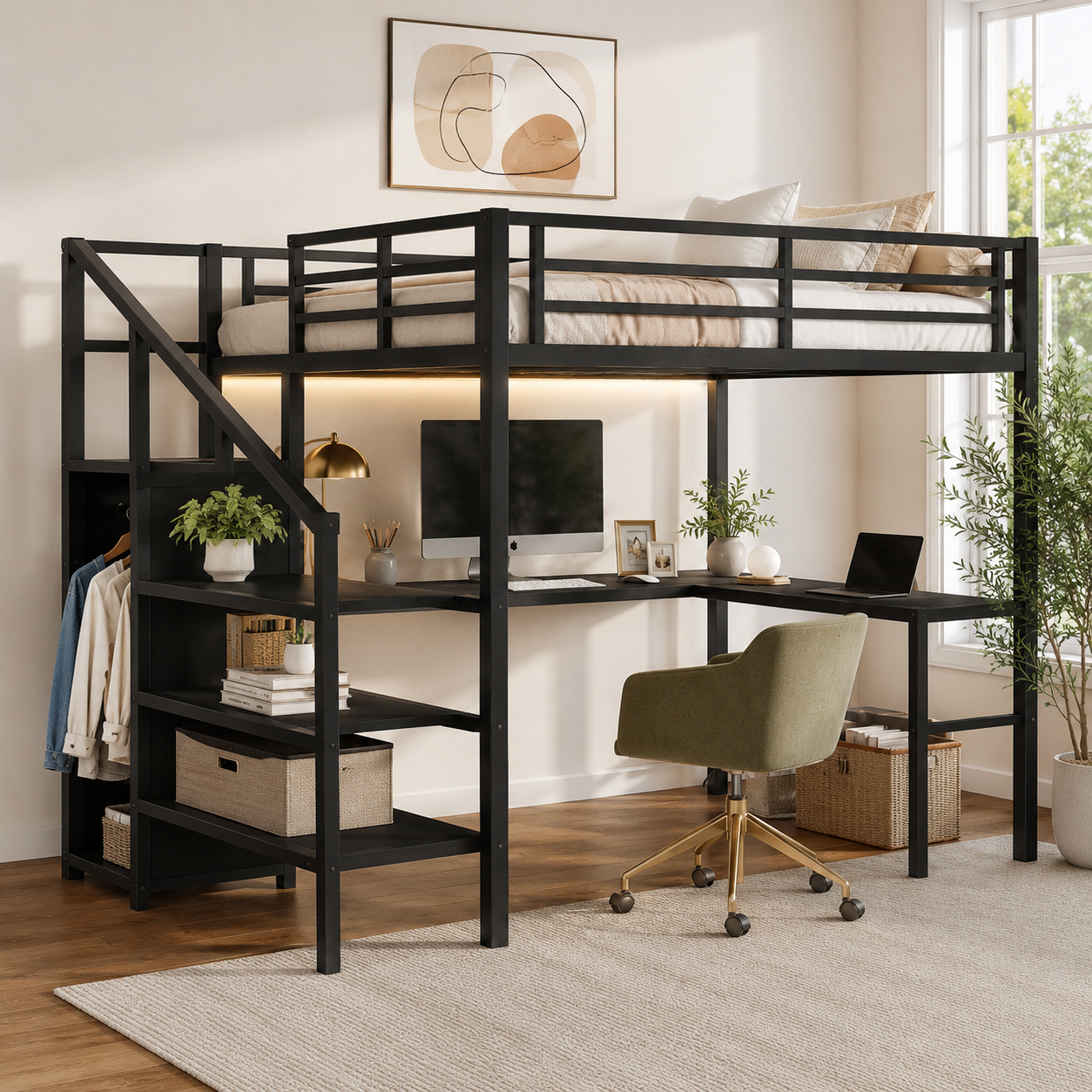 Ailinor black full size metal loft bed with L-shaped desk and wardrobe in a modern bedroom workspace