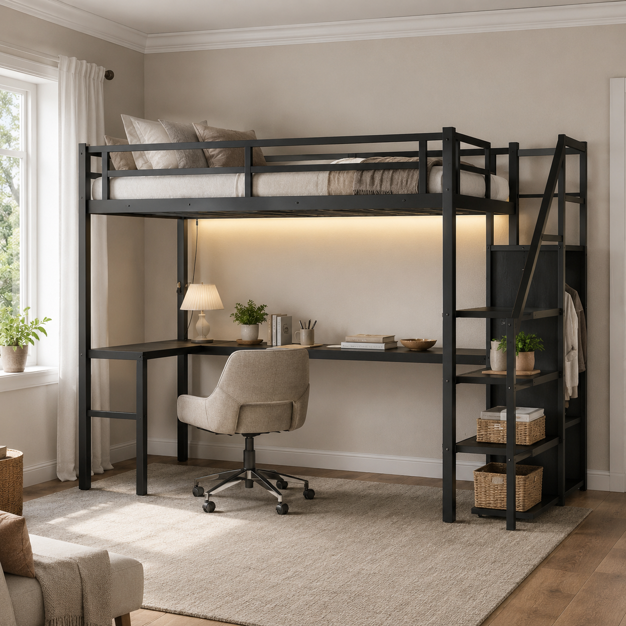 Ailinor black loft bed showing a full room setup with desk wardrobe and storage stairs