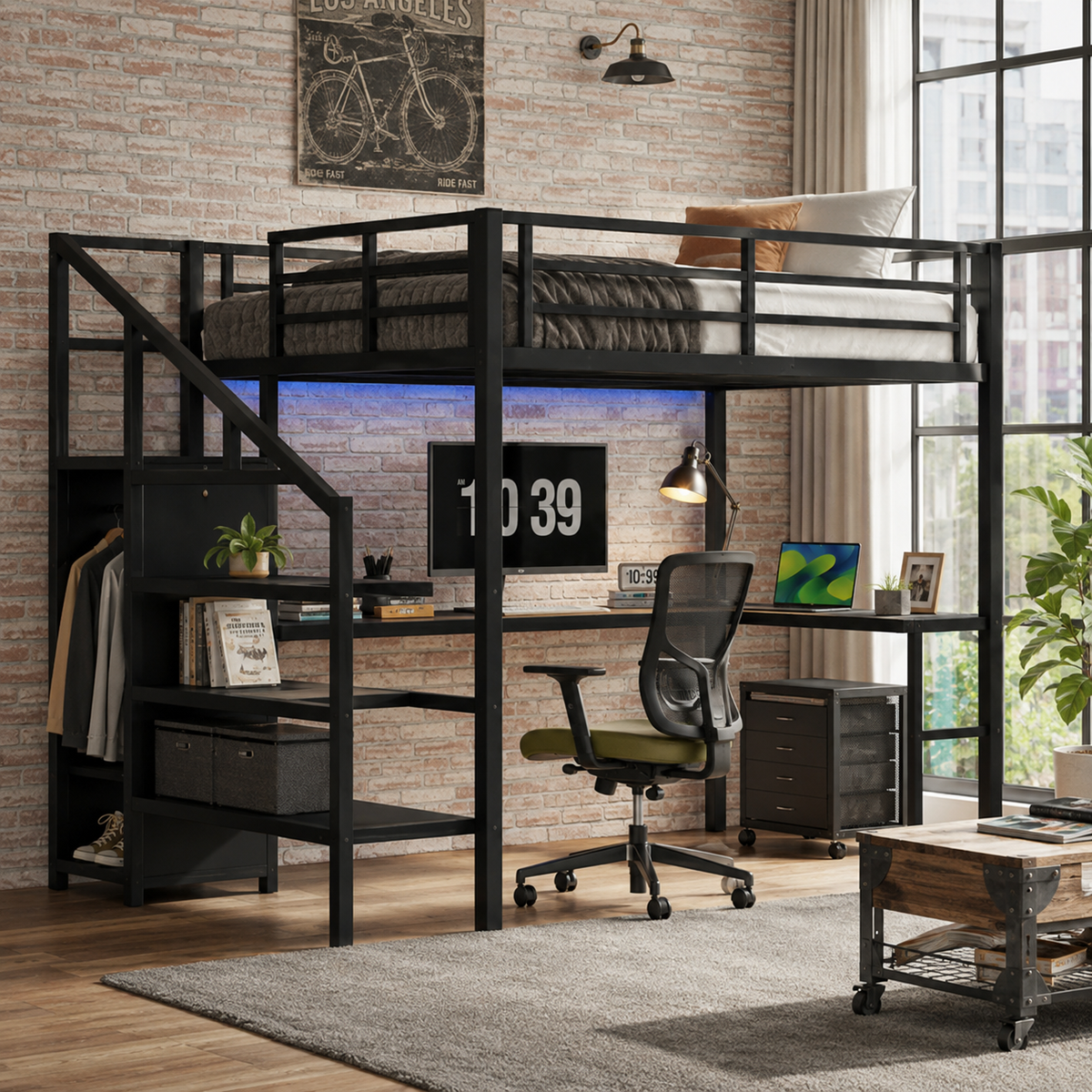 Ailinor black full size metal loft bed with desk and storage stairs in a room with blue bedding