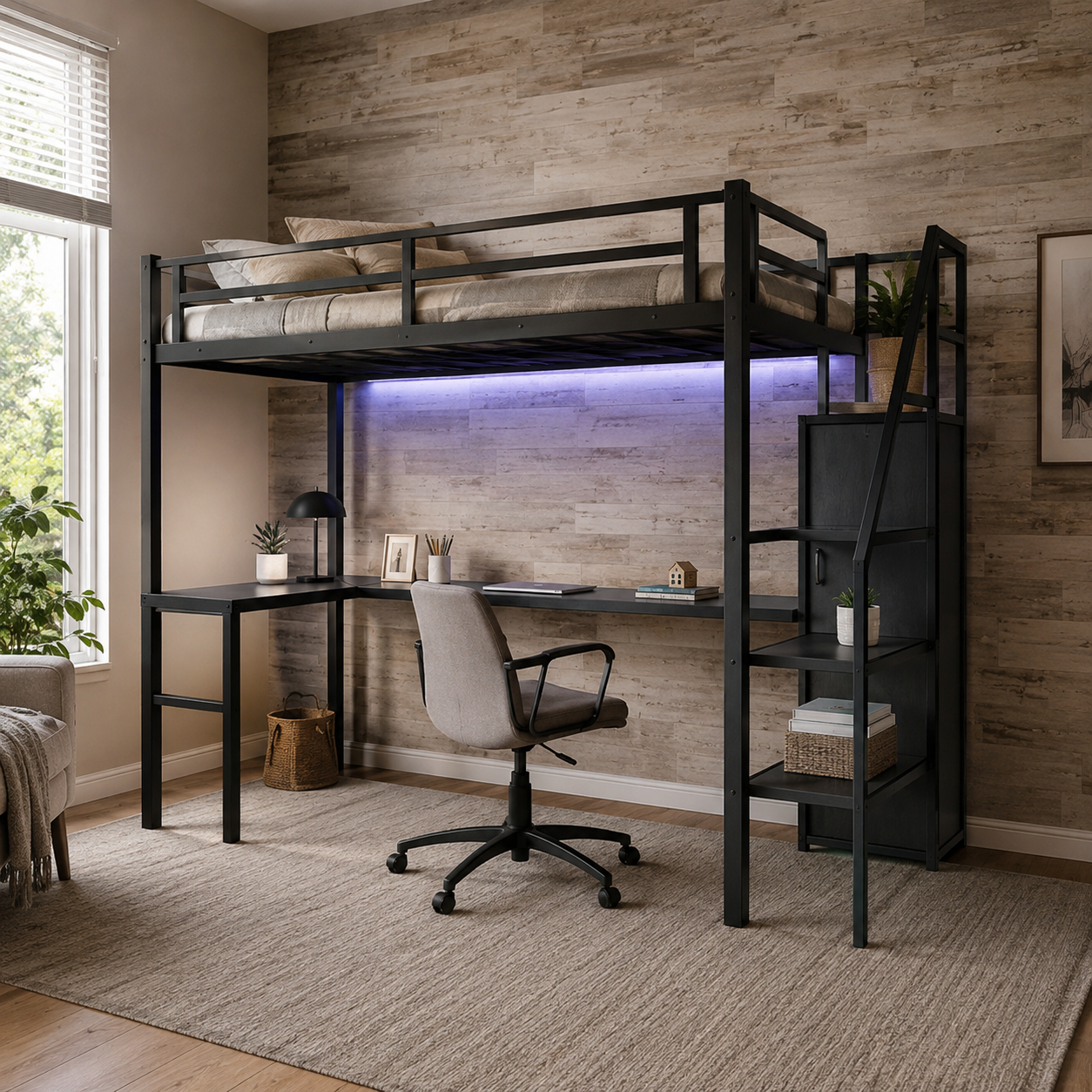 Ailinor black loft bed showing a loft bed workspace with desk chair and storage stairs