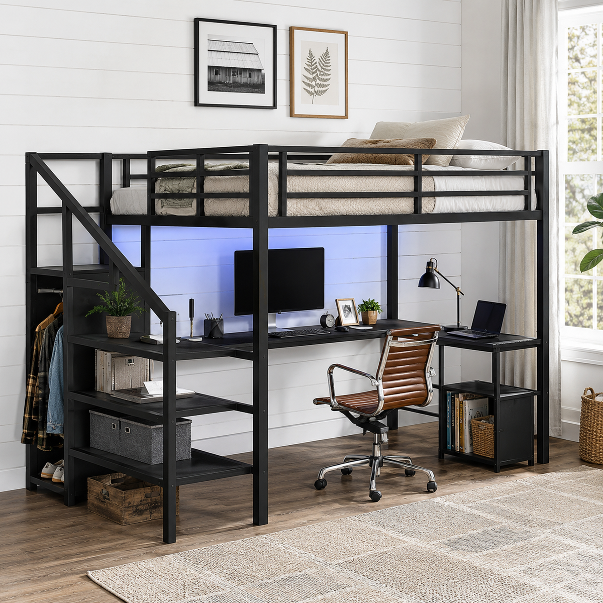 Ailinor black full size metal loft bed with L-shaped desk in a cozy gaming-style bedroom