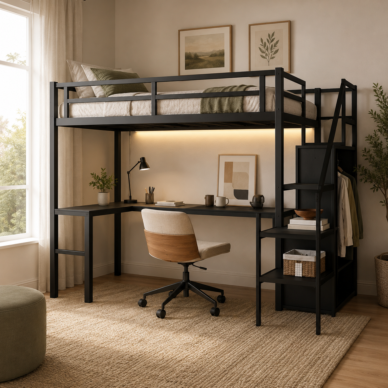 Ailinor black loft bed showing a bedroom setup with loft frame wardrobe and L-shaped desk