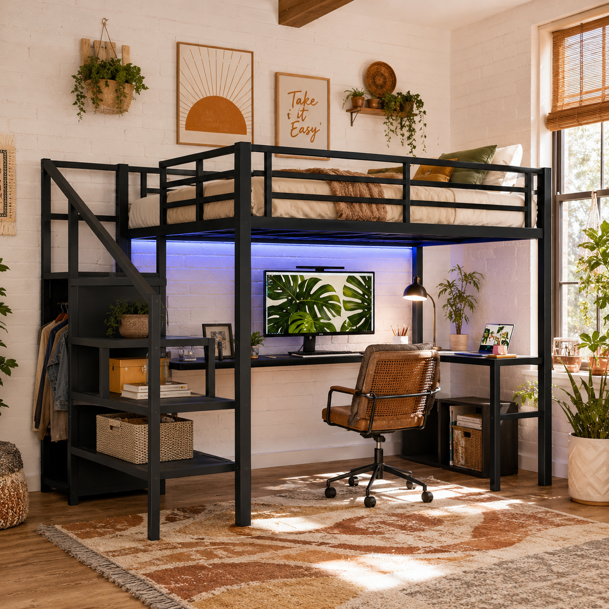 Ailinor black full size metal loft bed with wardrobe and shelves in a warm bedroom setting