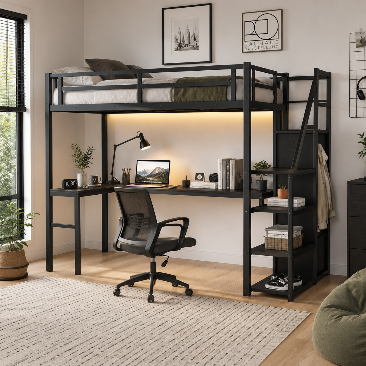 Ailinor black loft bed showing a study area beneath the raised bed with storage stairs