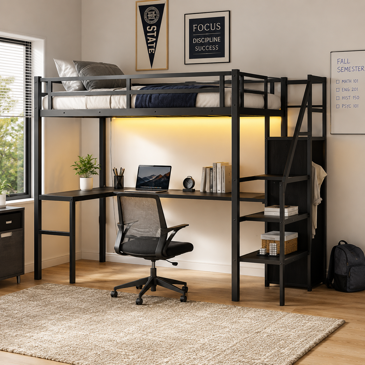 Ailinor black loft bed showing a complete room scene with built-in desk and wardrobe