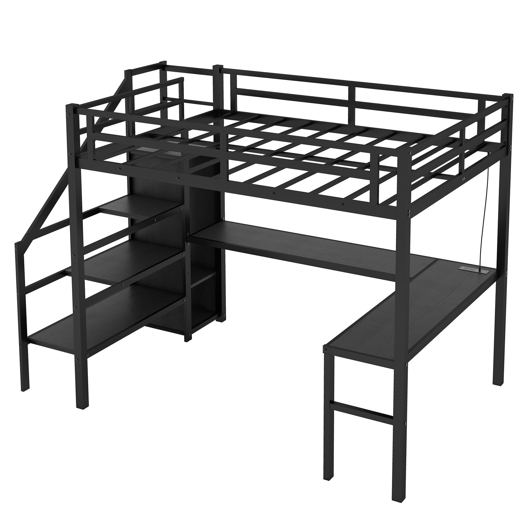 Ailinor black loft bed showing an angled front view with L-shaped desk wardrobe and storage stairs