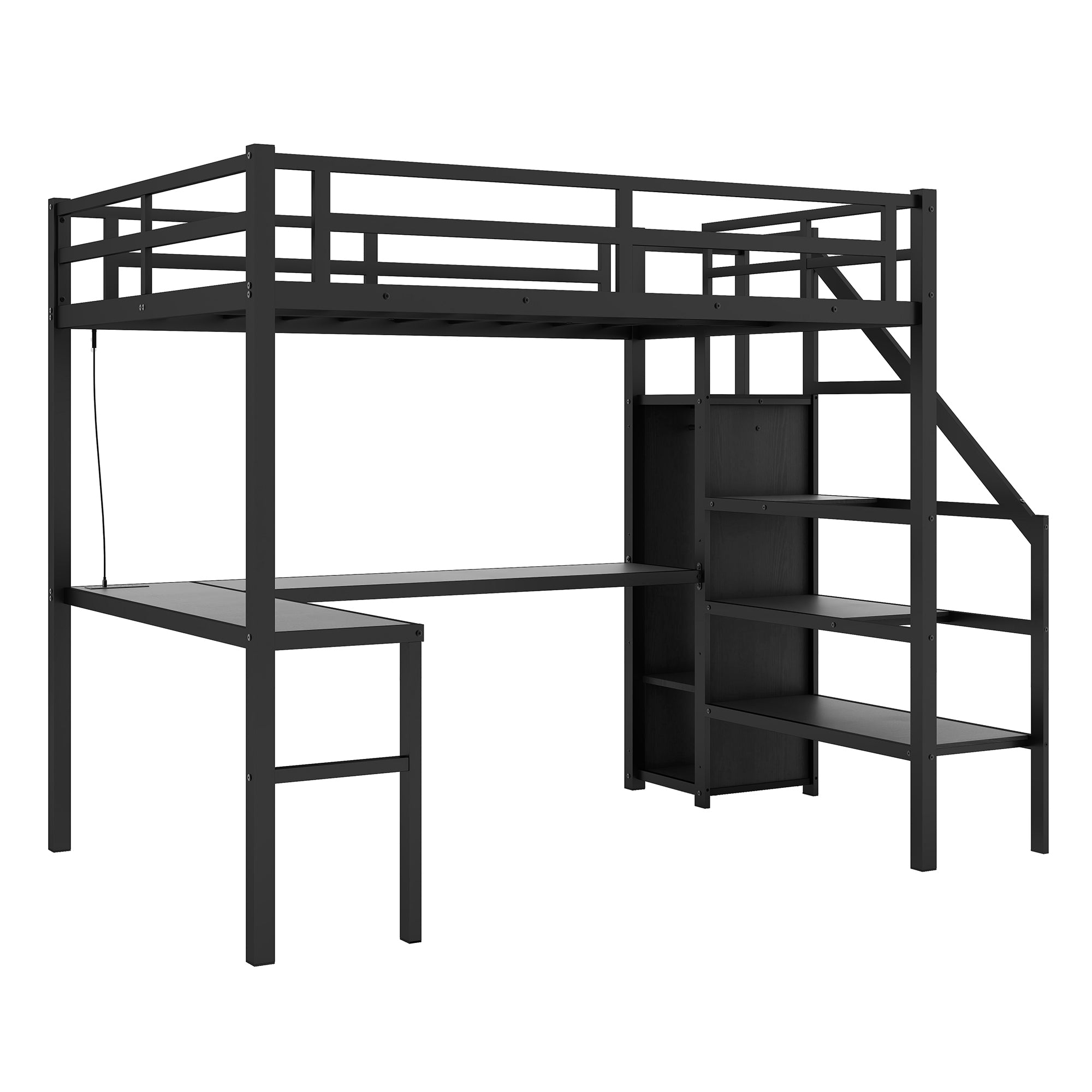 Ailinor black loft bed showing a side angled view with built-in desk and wardrobe