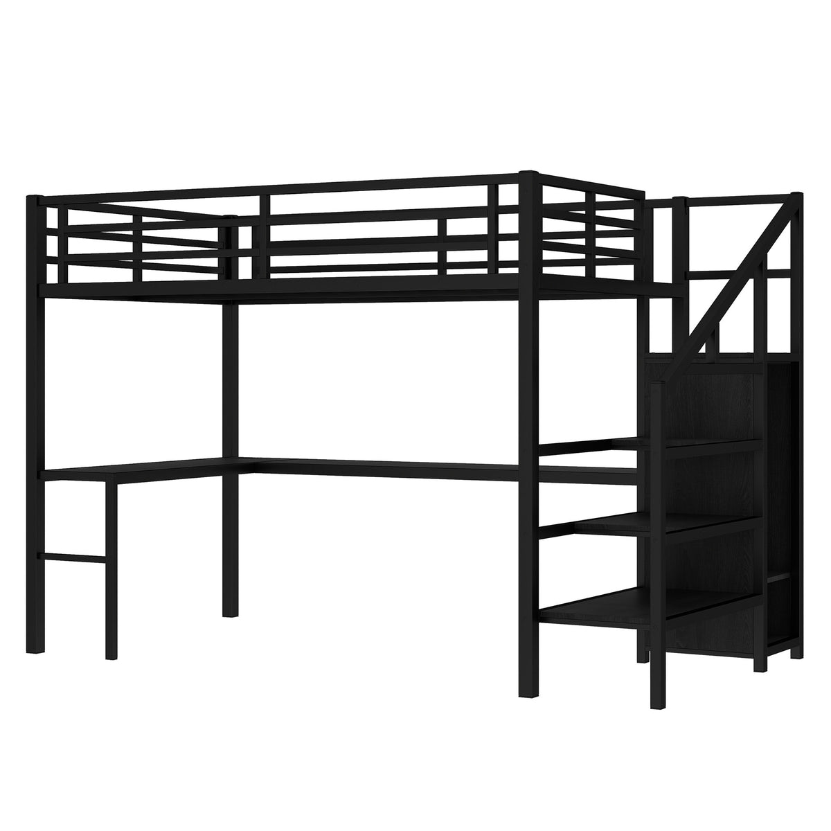 Ailinor black full size metal loft bed front angled view on white background