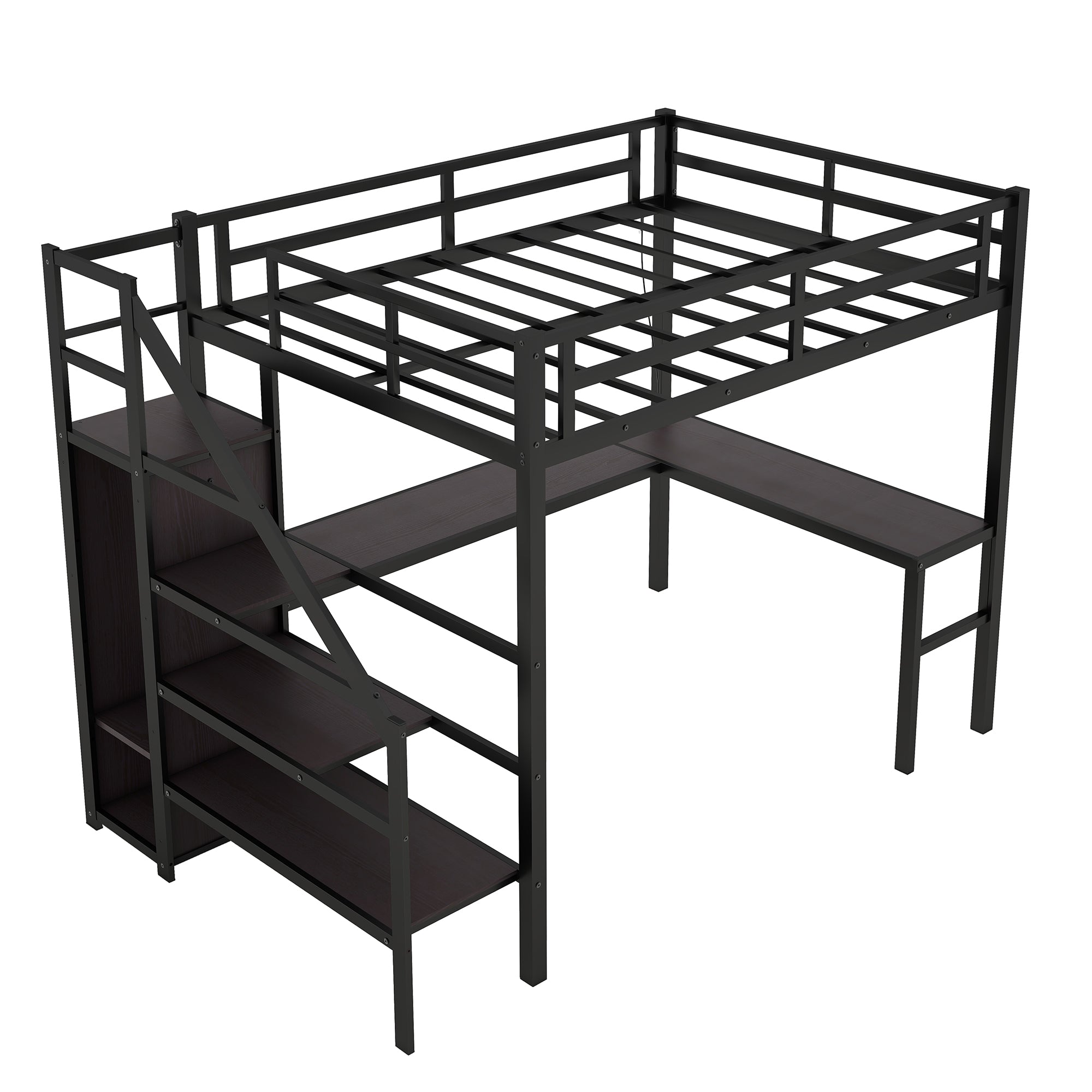Ailinor black loft bed showing a front view with loft frame and staircase storage
