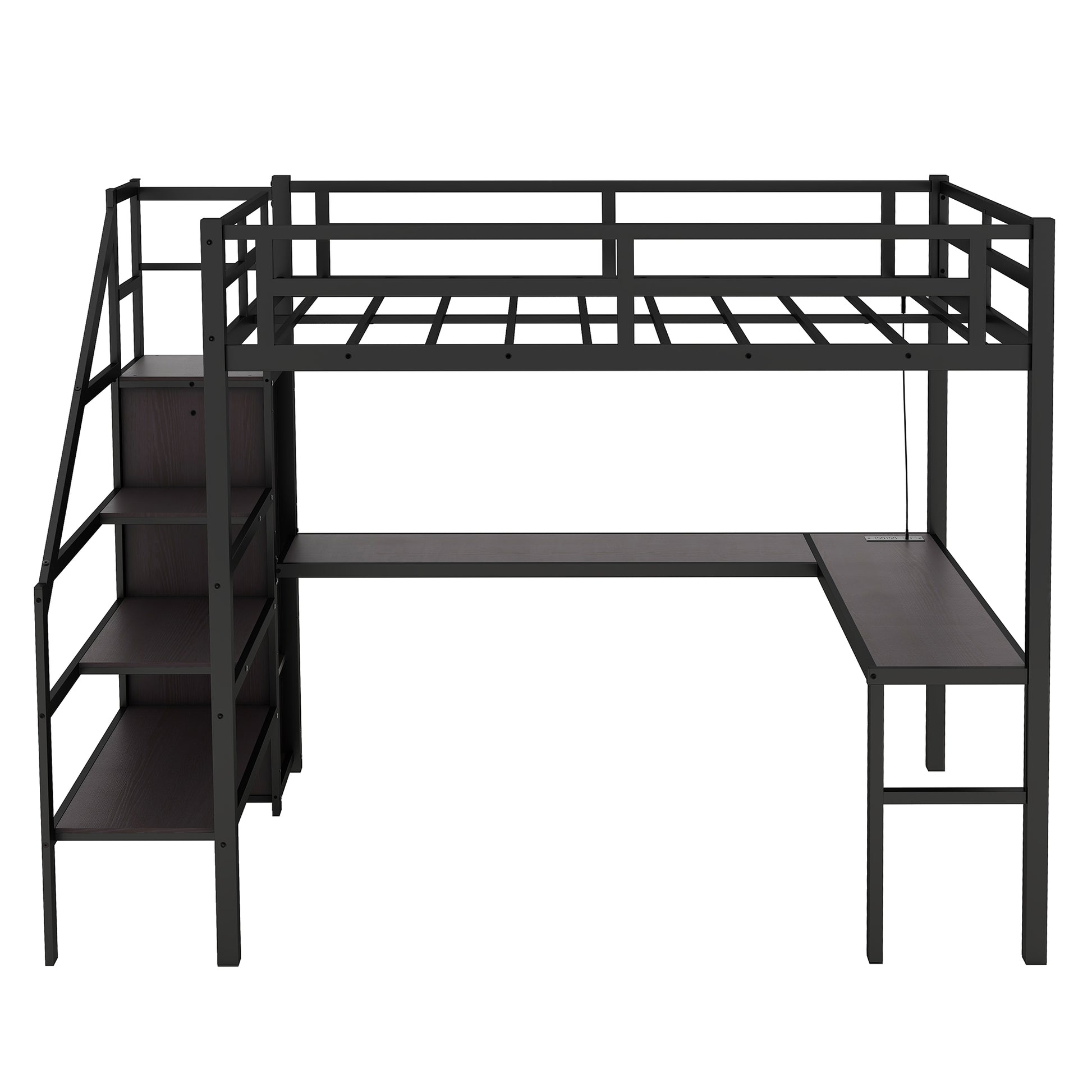 Ailinor black loft bed showing a straight front view with desk wardrobe and stairs